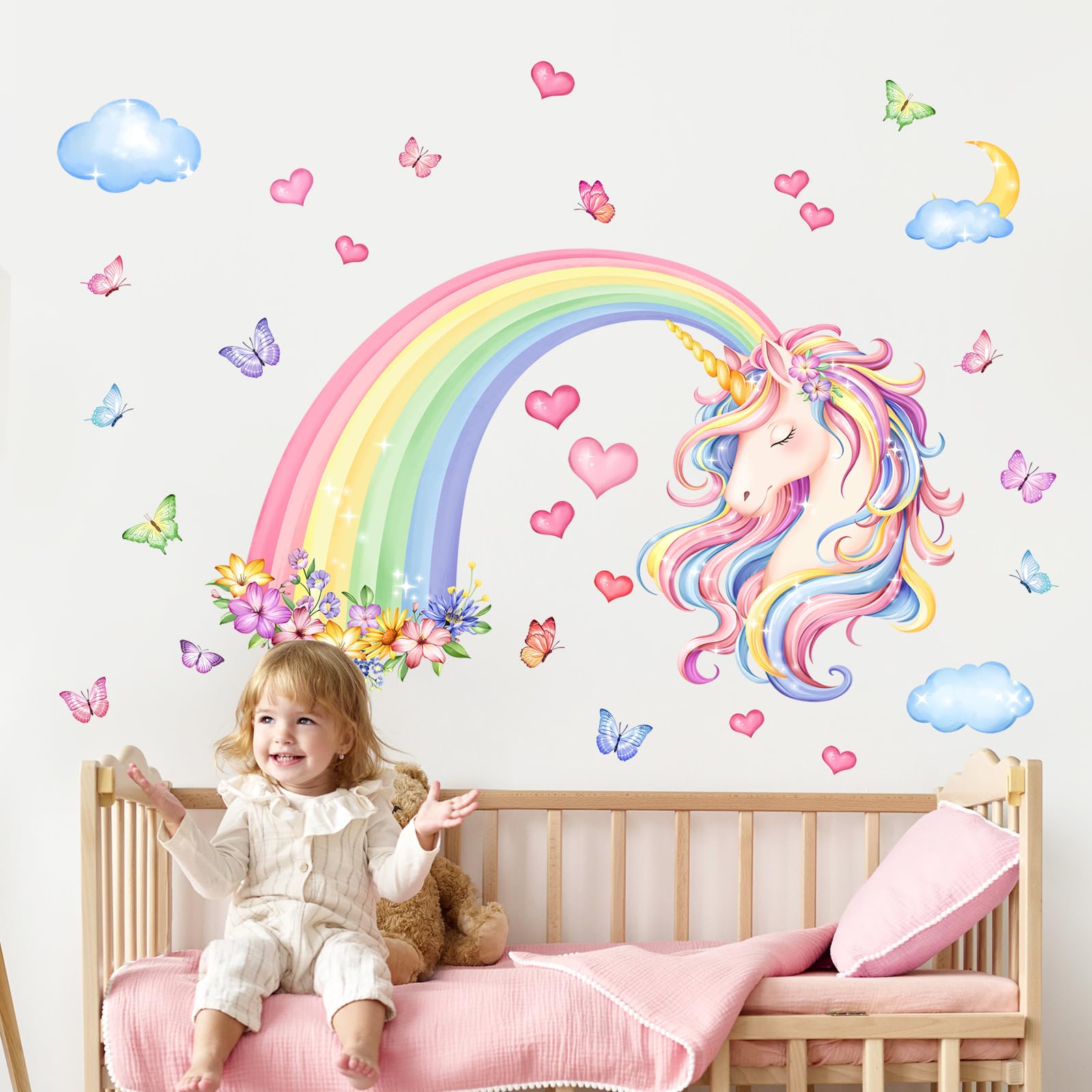 Supzone Large Rainbow Wall Stickers Unicorn Rainbow Butterfly Hearts Wall Art Decals for Girls Nursery Kids Bedroom Living Room Classroom