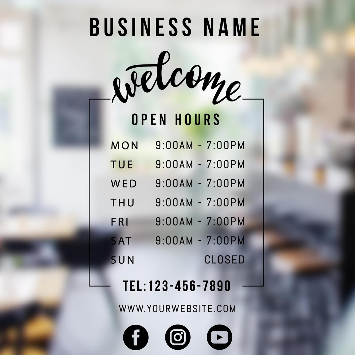 Customizable Storefront Business Hours Decal - Vinyl Window and Wall Sticker with Hours of Operation and Social Media Icons - Commercial Grade, Weather-Resistant Door Window Sign