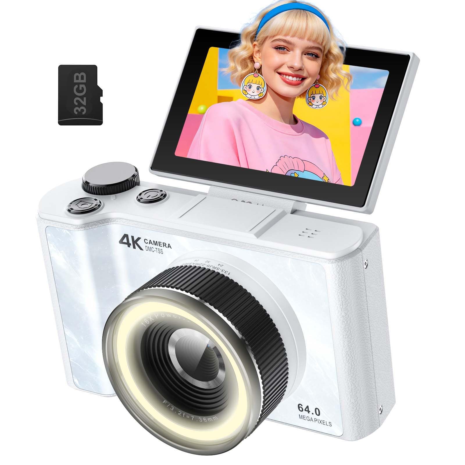 W&O Digital Camera for Photography,4k Camera with Ring Light，180° Flip Screen Camera for Vlogging with Beauty Mode,Point and Shoot Digital Cameras for Beginner with SD Card, 2 Batteries (White)-image-42
