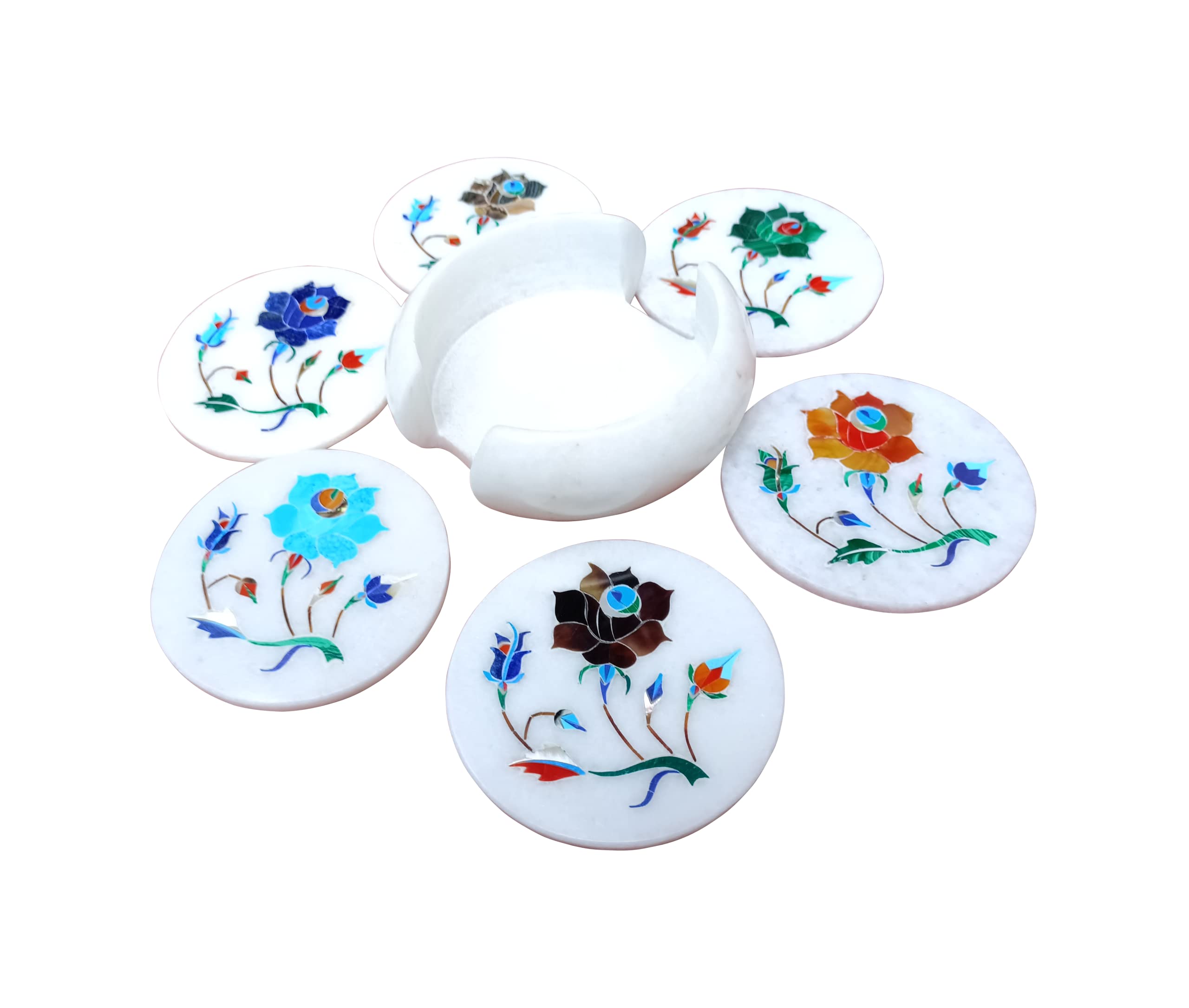 ArtEra Set di sottobicchieri in marmo con intarsio in pietre semipreziose (AE-09), multicolore (6 sottopentola con supporto, diametro 10,2 cm)