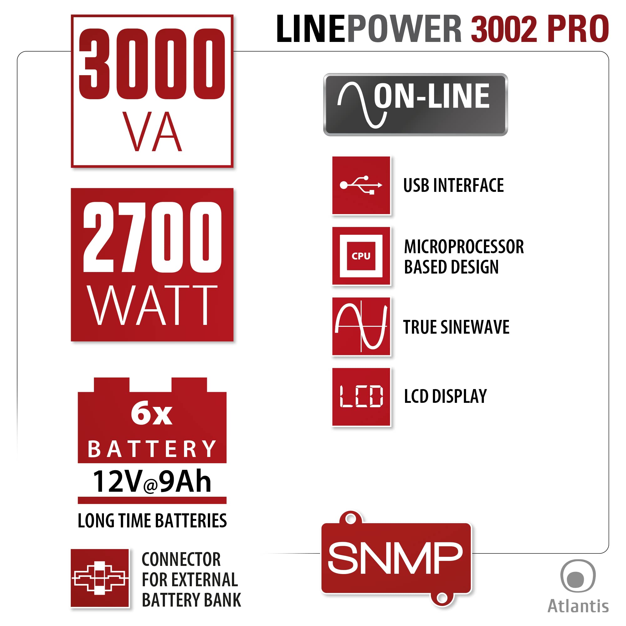 Atlantis A03-OP3002P PRO UPS OnLine Gruppo di Continuità 3000VA 2700W Tower LCD USB RS-232 4 Uscite IEC SNMP
