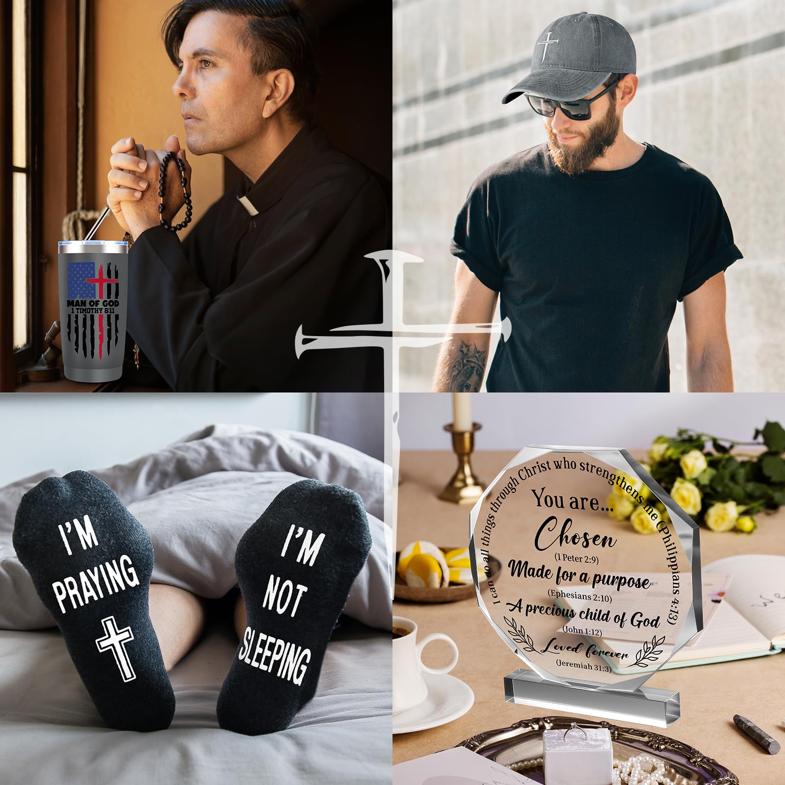 JTAMOHI 10 Pcs Christian Gifts for Men Faith, Inspirational Religious Gifts, Catholic Gift with 20 Oz Tumbler Bible Verses Crystal Plaque Hat Socks Bracelet for Husband, Dad, Grandpa, Friends
