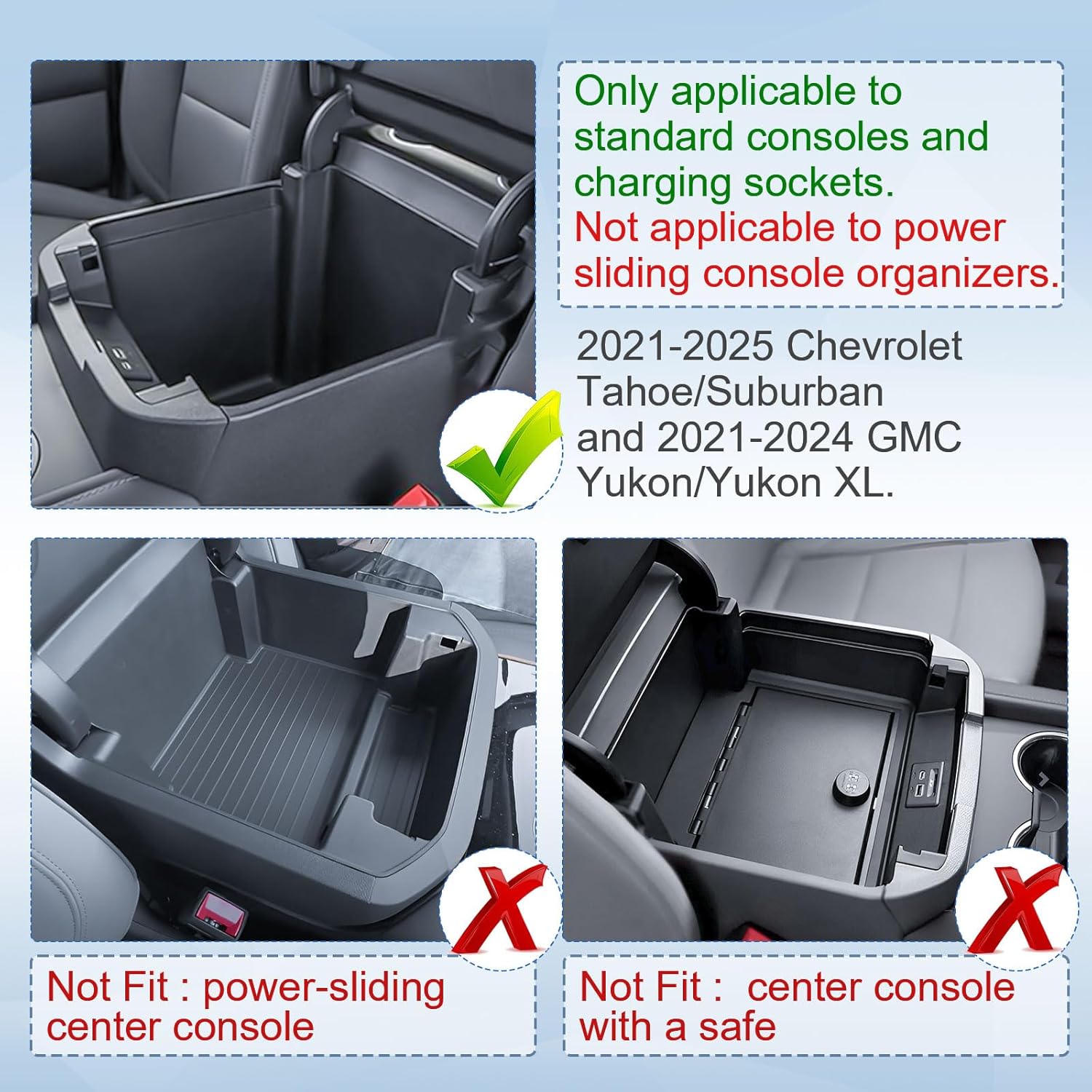 EDBETOS Full Size Center Console Organizer Tray Compatible with 2021-2026 Chevy Tahoe/Suburban and 2021-2024 GMC Yukon, Fit Standard Console with Charging Socket Only, NOT for Power Sliding Console.