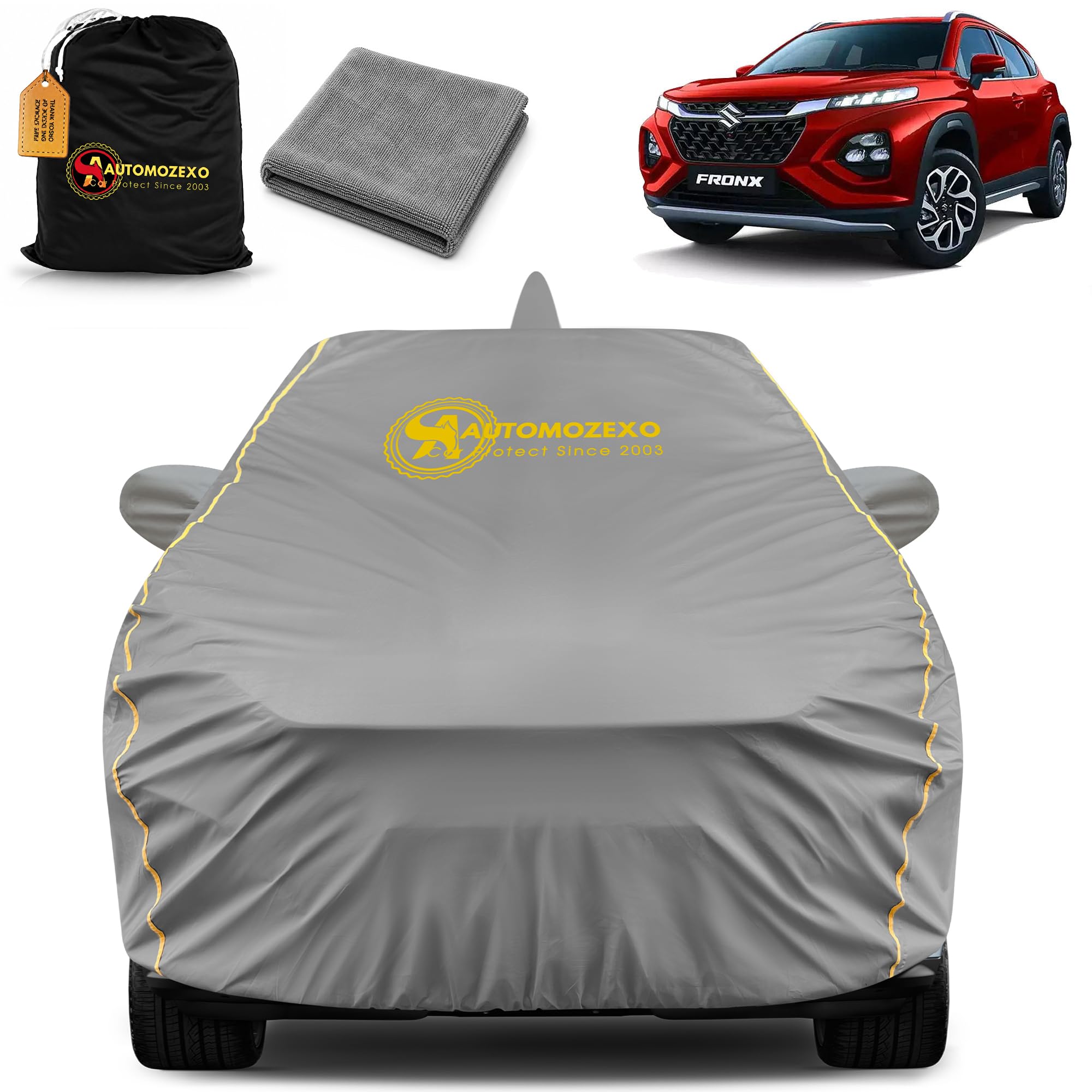 AUTOMOZEXO Maruti Fronx Car Cover for All Weather Protection with Mirror & Antena Pocket Inner Cotton Layer Triple Stitched Waterproof Cover with Adjustable Belt Bottom Elastic to Secure Fit (Grey)-picture-12