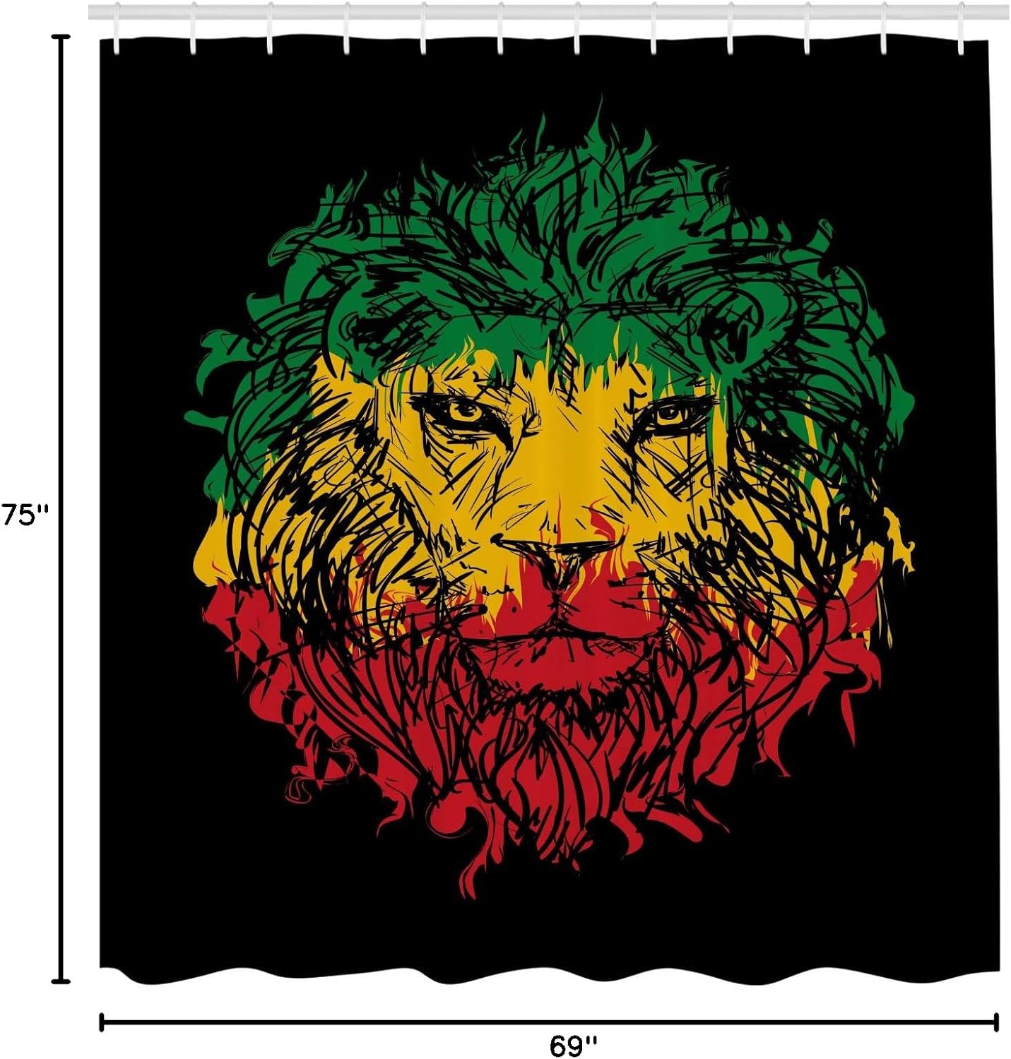 Ambesonne Rasta Shower Curtain, Ethiopian Flag Colors on Grunge Sketchy Lion Head Black Backdrop, Cloth Fabric Bathroom Decor Set with Hooks, 69" W x 75" L, Pale Green and Yellow