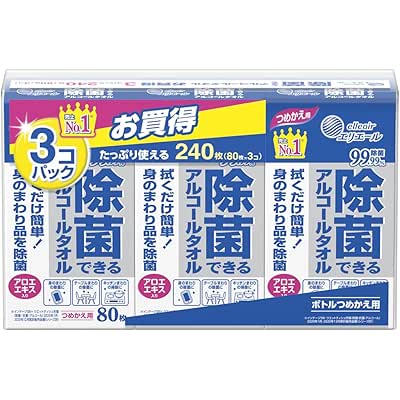 エリエール ウェットティッシュ 除菌 アルコールタイプ ボトル つめかえ用 240枚(80枚×3パック) 【まとめ買い】