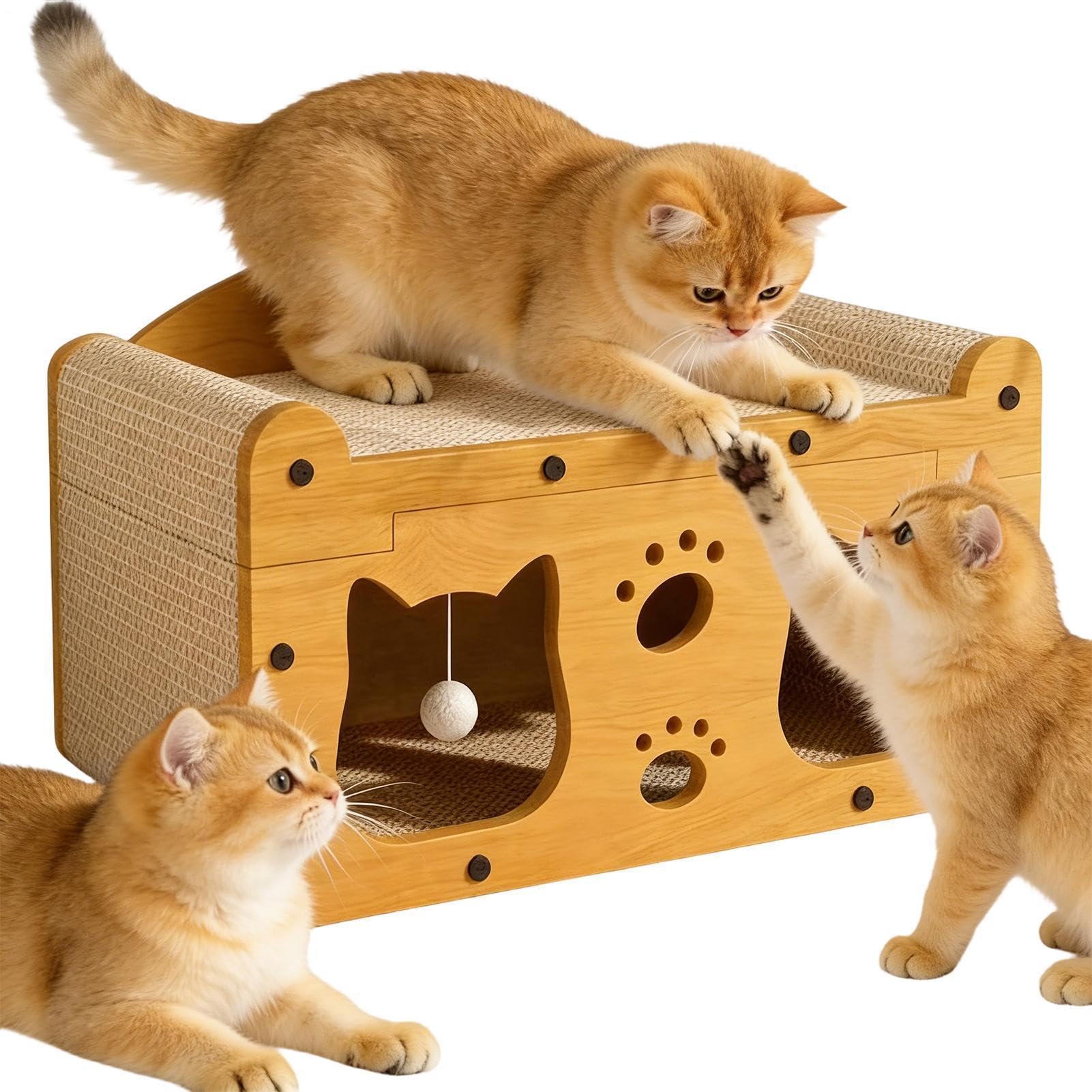 Casa Rascador para Gatos Antideslizante, Juguete Interactivo Multifuncional | Casa de Cartón para Gatos para en Hogar, Exterior, Sala de Estar, Momentos en Familia, Viajes y Estimulació