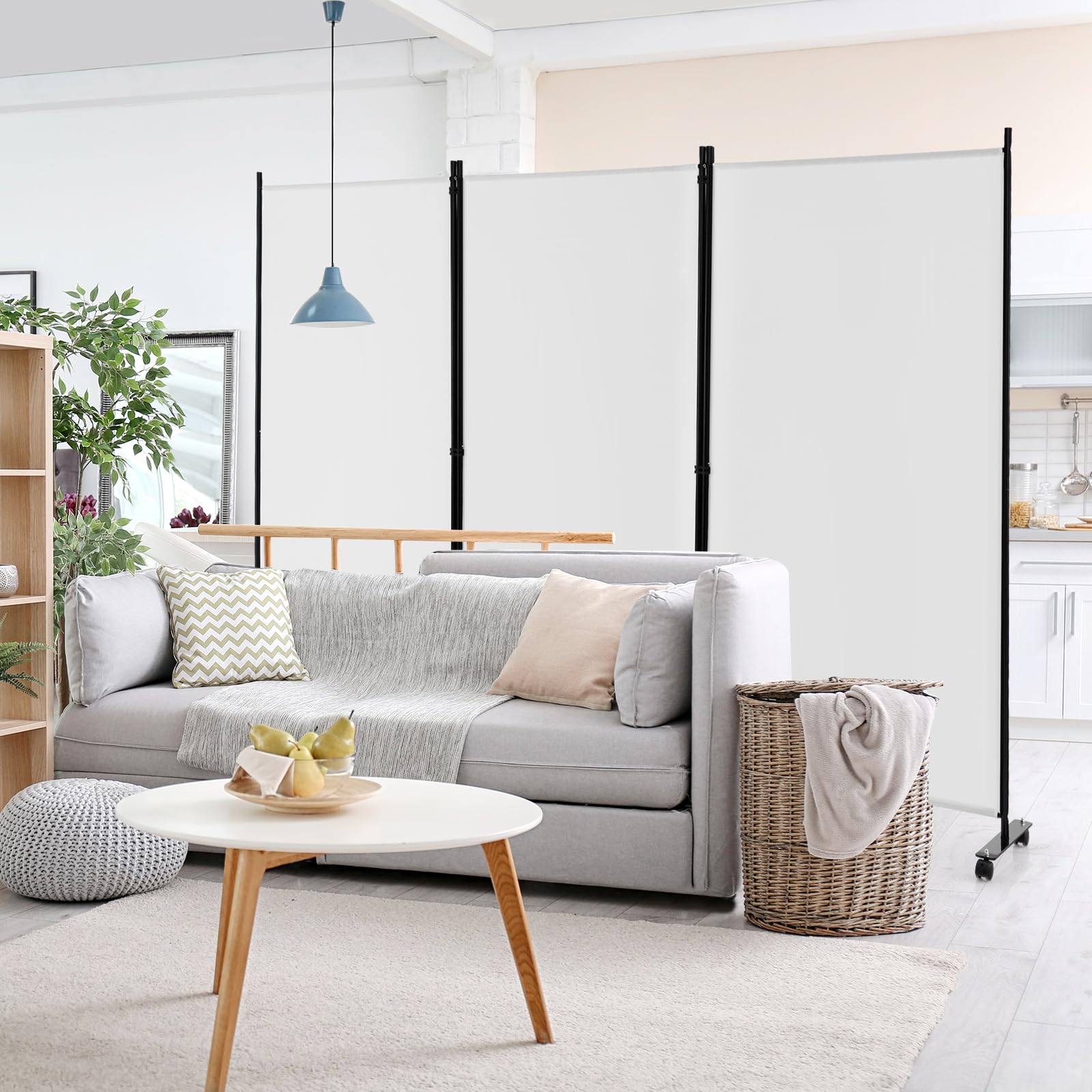 GIANTEX Biombo Plegable con Ruedas, Separador de Privacidad 3 Paneles, 262 x 180 cm, Divisor de Habitación Independiente con Patas Anchas, Pantalla de Tela para Protección Privada (Blanco)