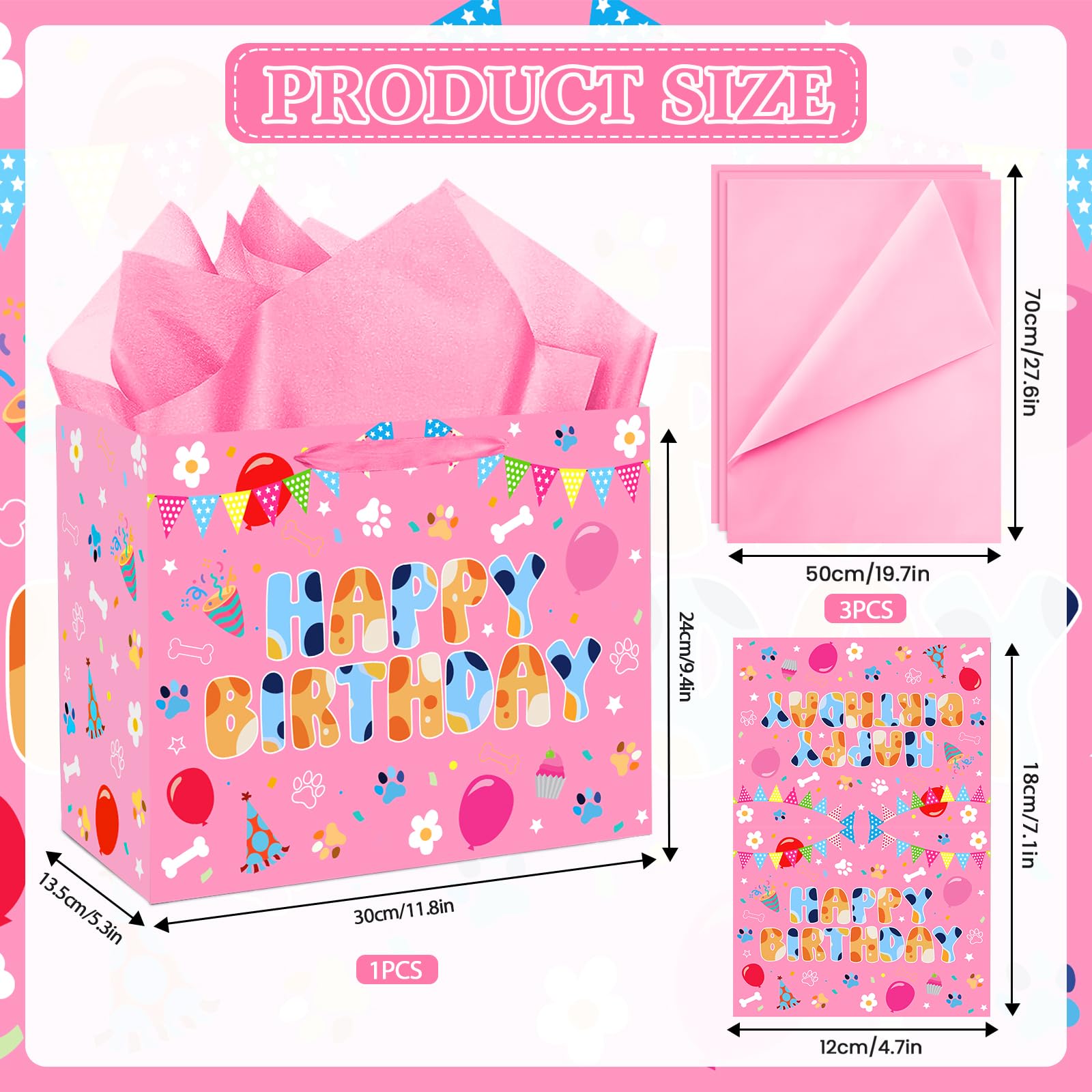 Cartoon Pink Dog Birthday Gift Bag with Wrapping Paper and Greeting Card Cute Hot Pink Dog Gift Wrap Paper Bags Large Cartoon Birthday Party Favor Bags Decorations for Girls Boys Party Supplies