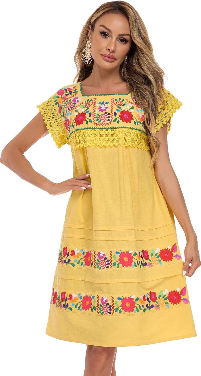 YZXDORWJ Women Embroidered Mexican Peasent Lace Short Sleeves Dress