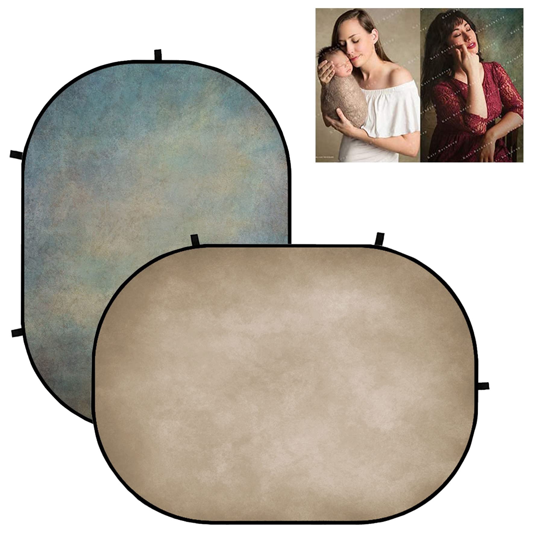 Kate 5X6.5ft (1.5x2m) Texture marrone chiaro Sfondi pieghevoli Sfondo verde grigio Microfibra bilaterale Cornice flessibile Fotografia di sfondo Custodia da trasporto inclusa