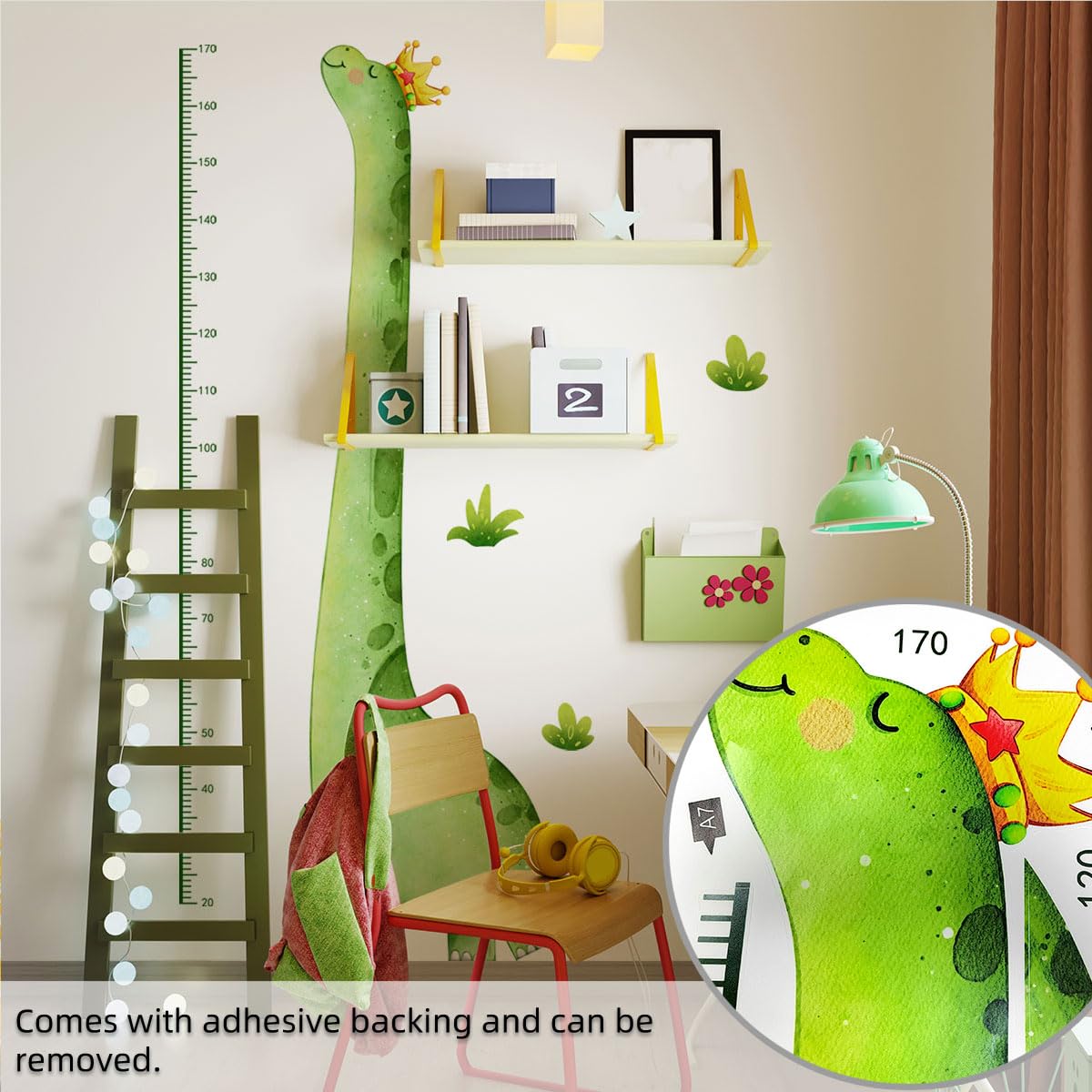 Calcomanía de pared con gráfico de crecimiento para niños, calcomanías de pared de dinosaurios verdes, tabla de altura extraíble para habitación de guardería (dinosaurio verde)