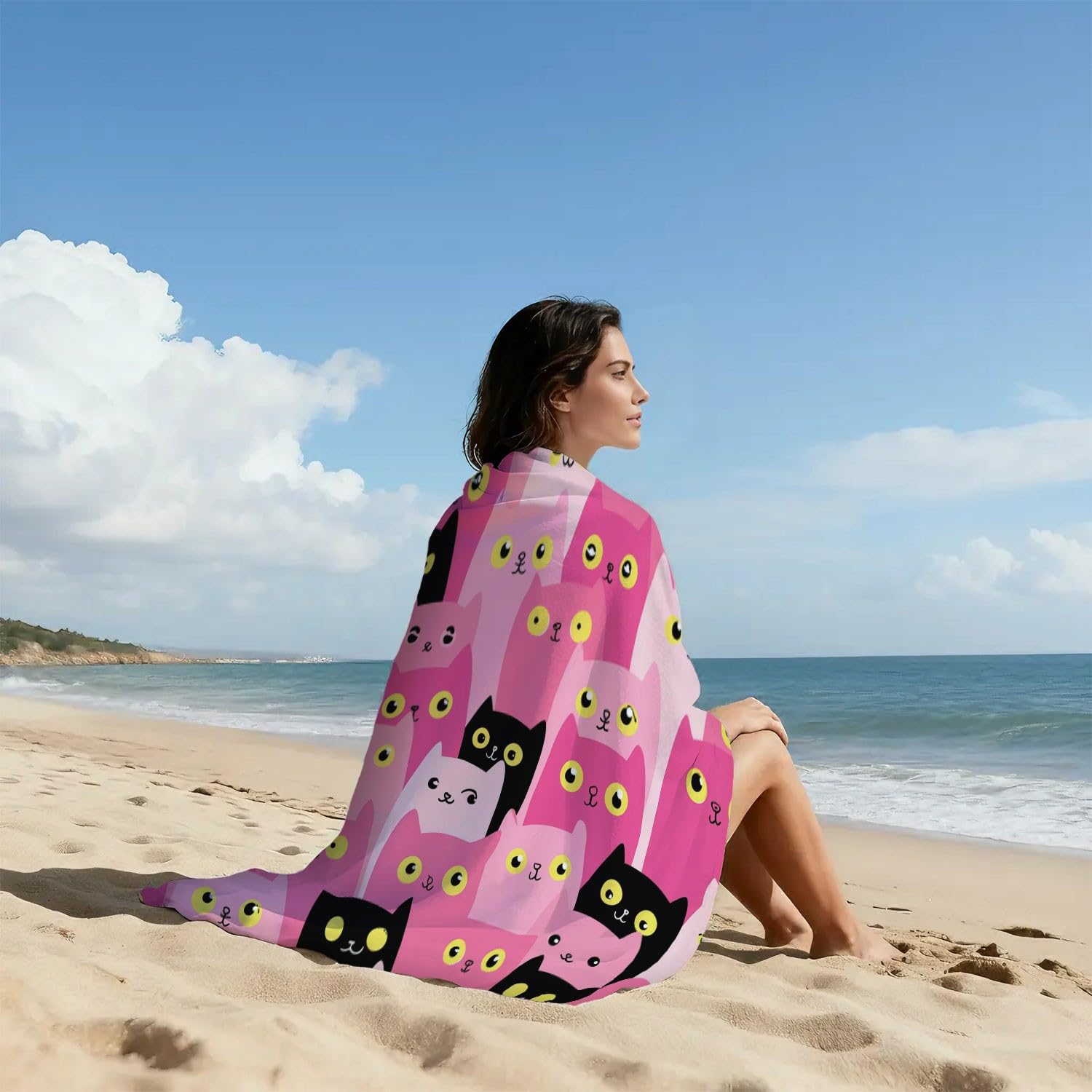 Générique Serviette de Plage Microfibre 200 x 100 CM,Drap de Plage Espiègle, Mignon, Dessin animé, Couverture de Plage Absorbante,Couverture de Bain Chat Rose