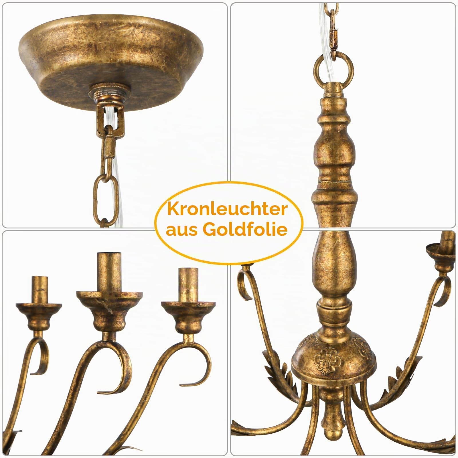 6 Lichter Kronleuchter Vintage Gold, Kronleuchter Landhaus Rustikal
