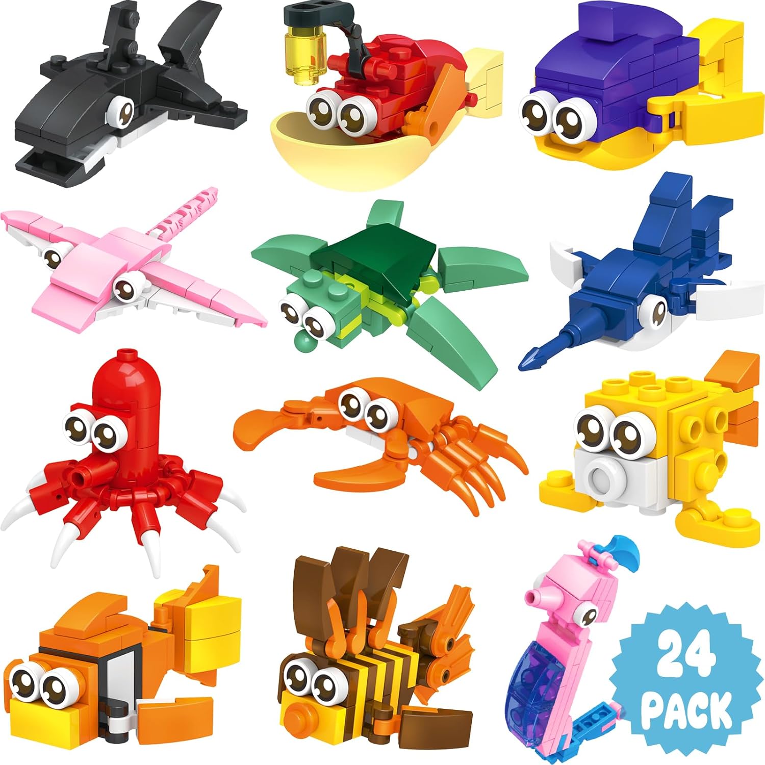 Qinline 24 Pack Easter Gifts for Kids 8-12, Sea Animal Building Blocks Kit with Gift Cards for Kids School Classroom, Class Prefilled Easter Party Favors Exchange for Boys Girls Stuffers Egg Fillers