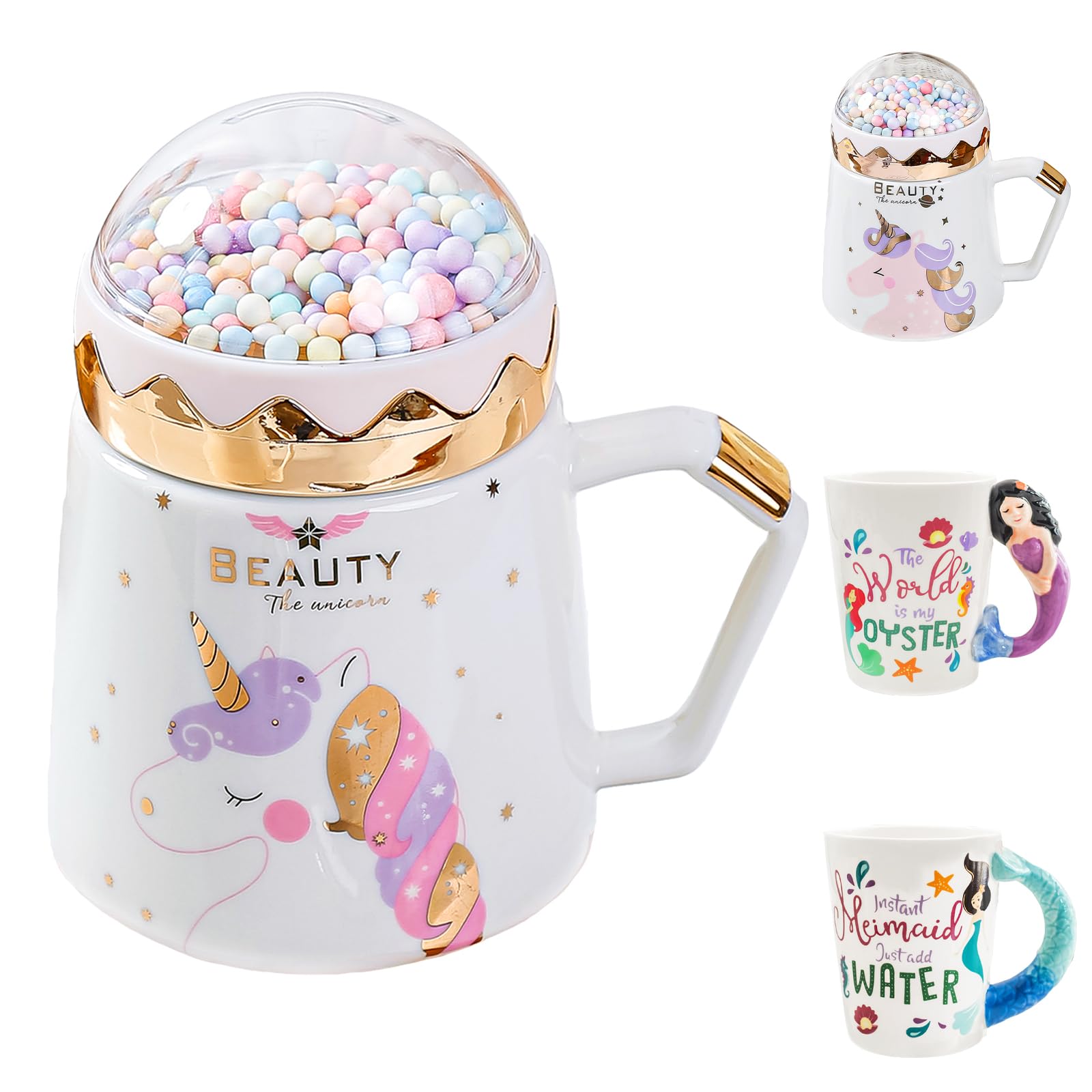 LUKIUP 500 ML Taza unicornio Linda Taza de café de cerámica con Tapa, Novedad Copa de la mañana Té Leche Navidad Jarra Regalo para niños, Mujer, Muchachas (D)
