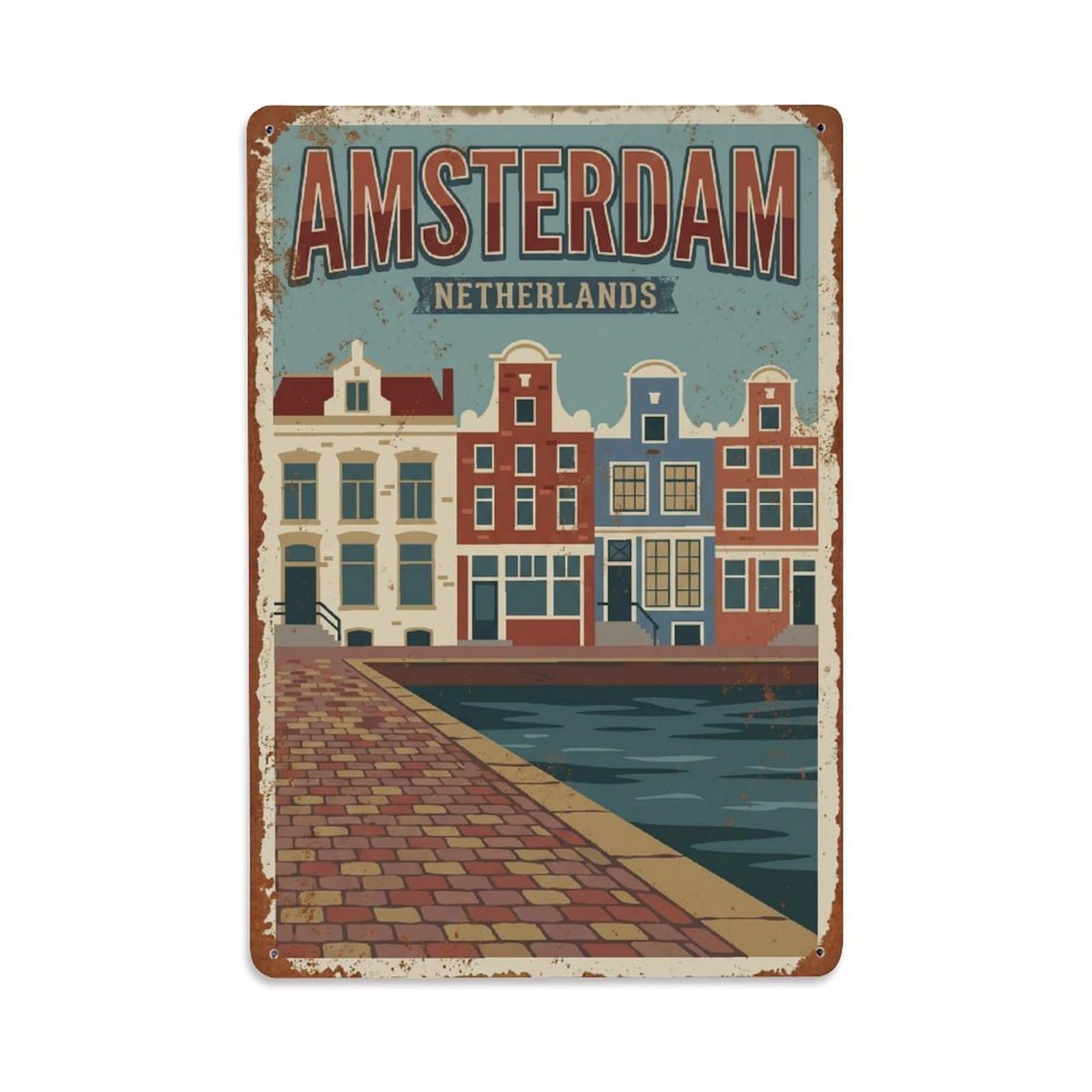 Okngb Style Canal Pathway Retro Waterway Amsterdam Travel Route Metal Tin Sign Plaque Wall Decor For Cafe, Man Cave, Club Bar, Office, Home Garden Round Metal Poster 8X12inch