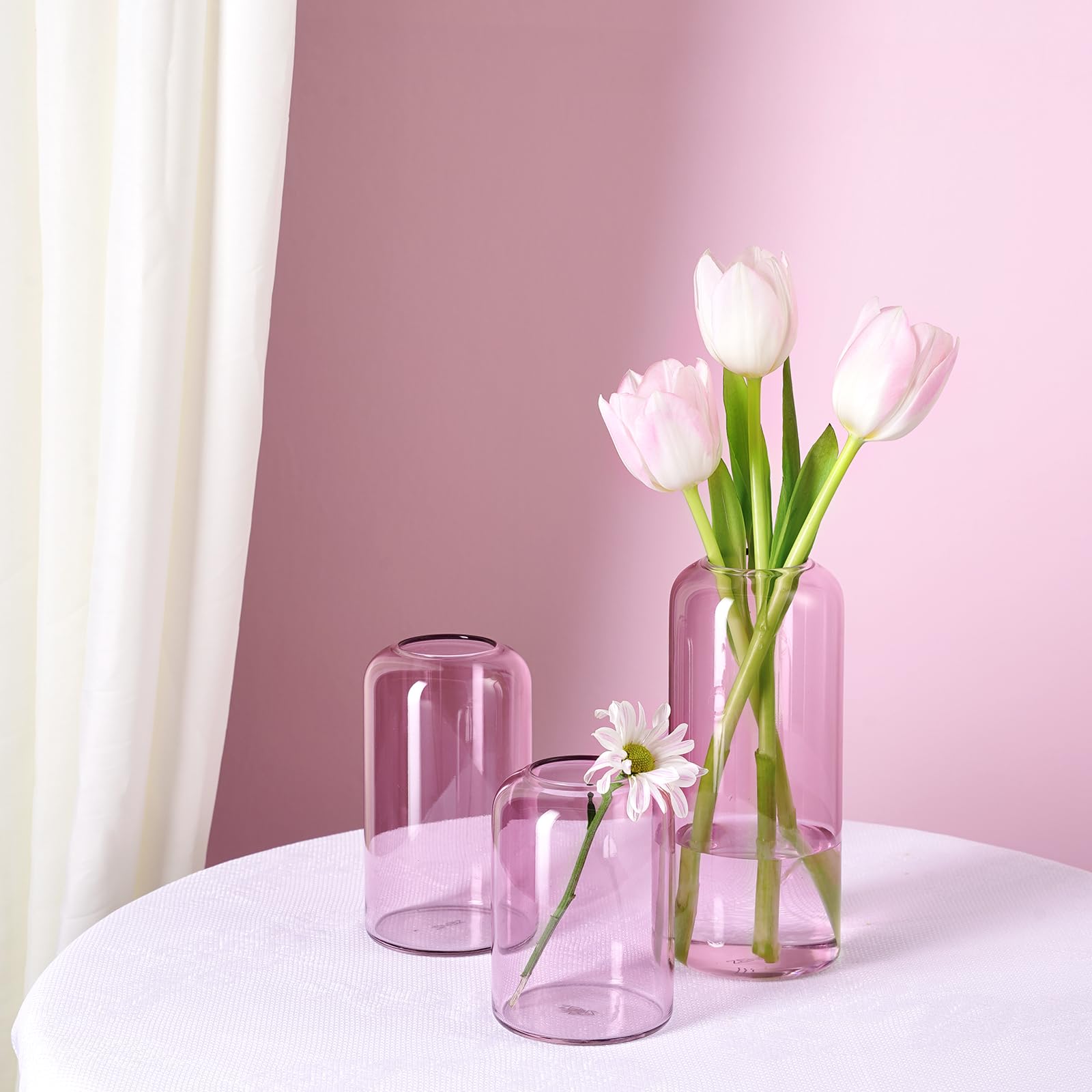 ZENS Knospenvasen 6er Set Rosa Klar Kleine Glasvase für Blumen Moderne mundgeblasene Zylinderglasvase für Hochzeit Empfang Tafelaufsätze Wohnzimmer Deko
