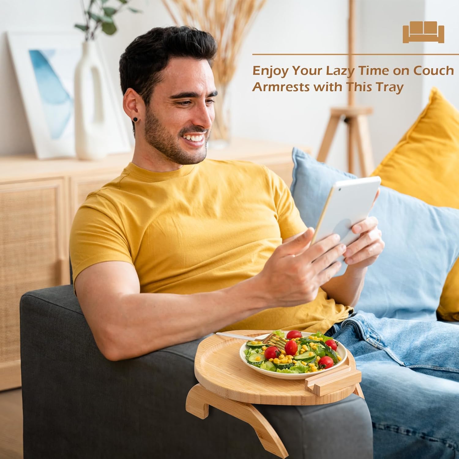 SINWANT Couch Arm Table,Large Bamboo Sofa Clip on Tray Tables with 360° Phone Holder,Foldable Couch Armrest Table, Folding Snack Eating Drink on Armrest - Image 3