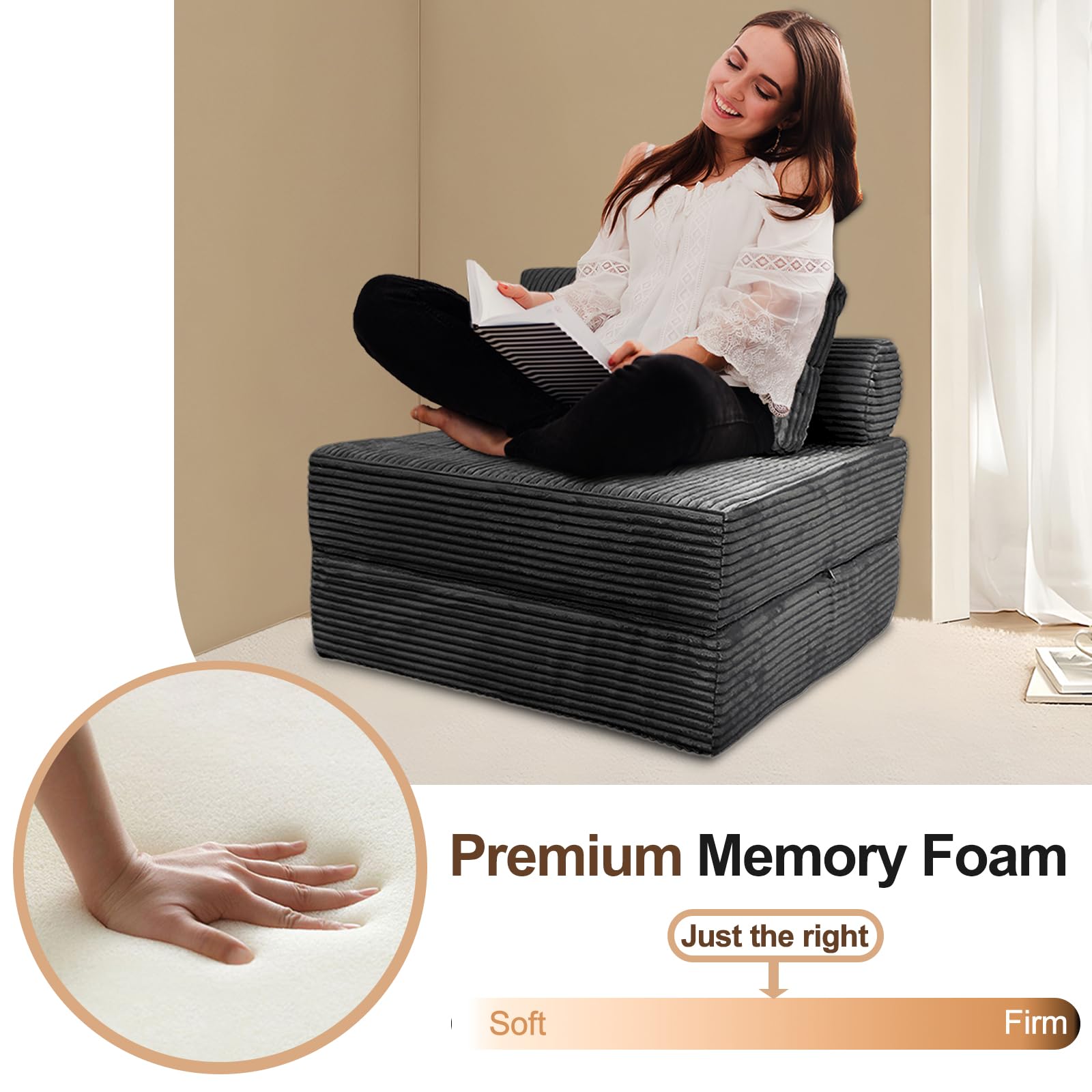 Nigoone Folding Sofa Bed Futon, Supportive Sleeper Chair with Pillow, Comfy Corduroy Floor Couch, Versatile Convertible Mattress for Bedroom/Living Room/Guest/Office, Dark Grey