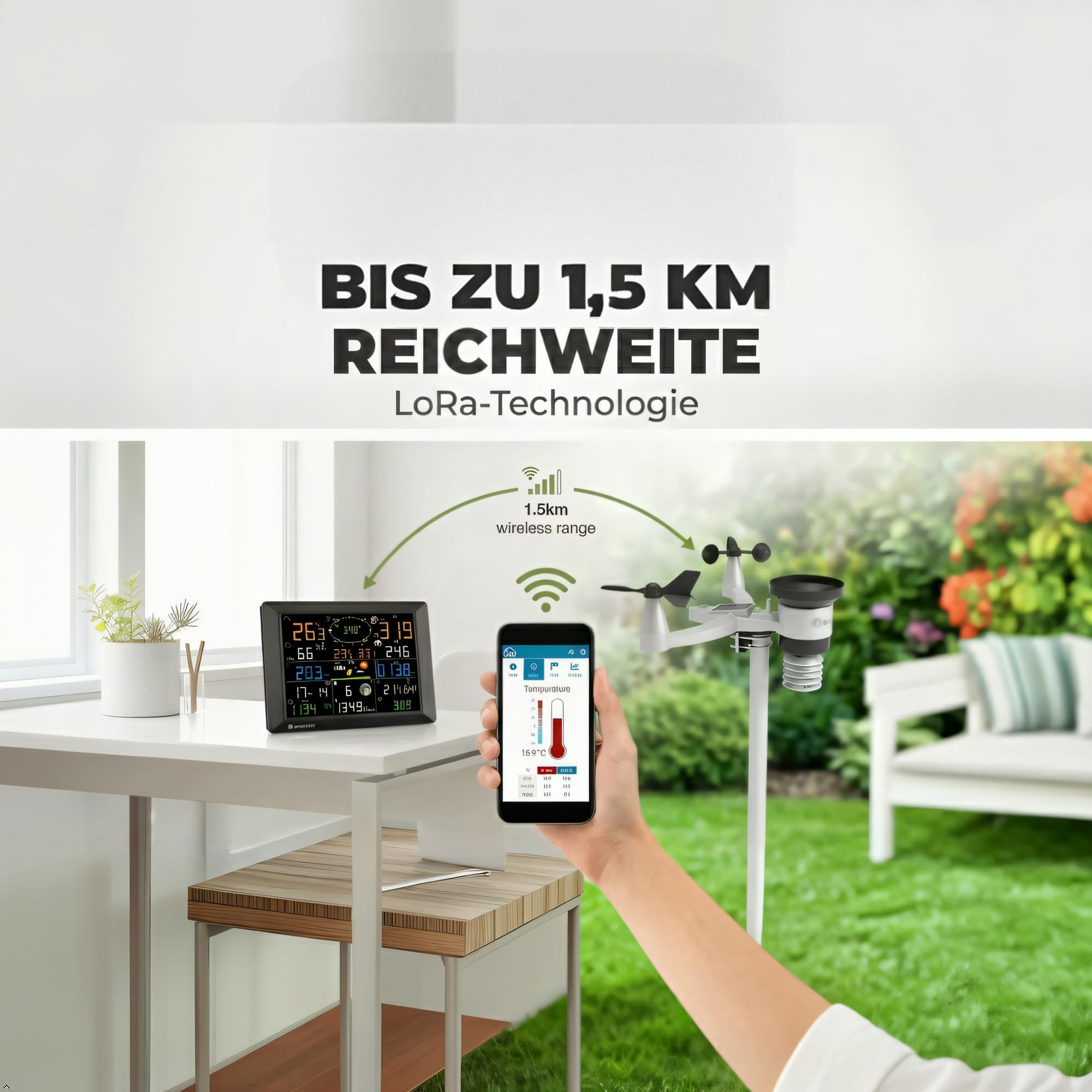 Bresser Wetterstation 1,5km Reichweite, WLAN, 7-in-1 Außensensor, Solar, UV, Wind, Regen, WLAN Upload, Alarm, Innen-/Außenklima
