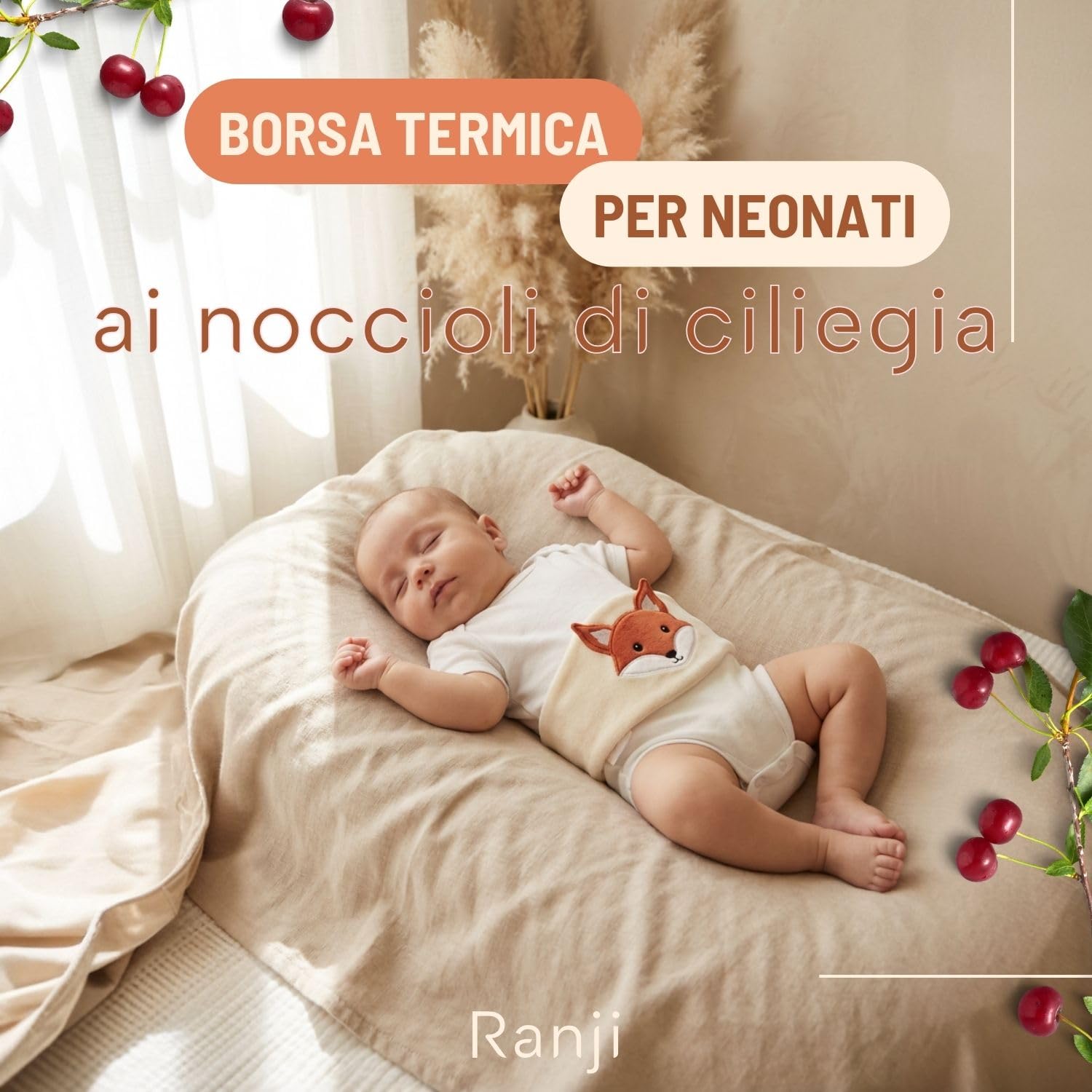 RANJI - Cuscino Coliche Neonato a Cintura con Noccioli di Ciliegia – Cuscino Termico Microonde per Coliche Neonato, Cotone Bio GOTS & Tessuti OEKO-TEX, Scalda Pancia Regolabile (Volpe) - 3