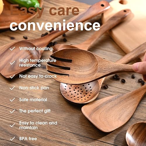 Miniatura 3 de WOODME - Juego de 6 cucharas de madera para cocinar, juego de 6 utensilios de cocina de madera de teca natural, juego de utensilios de cocina para