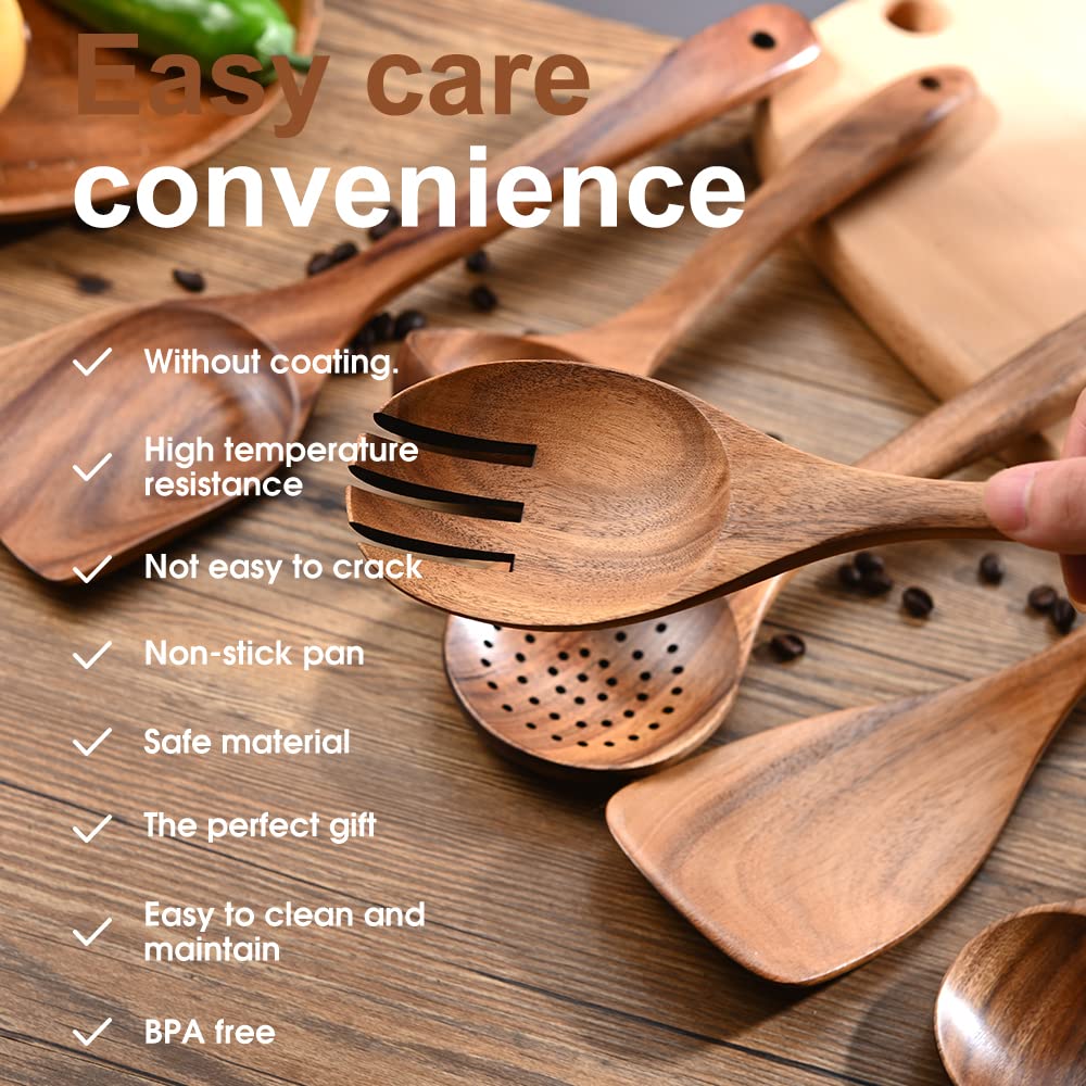 Lot de 10 ustensiles de cuisine en bois de teck naturel avec porte-serviettes, cuillères et spatules