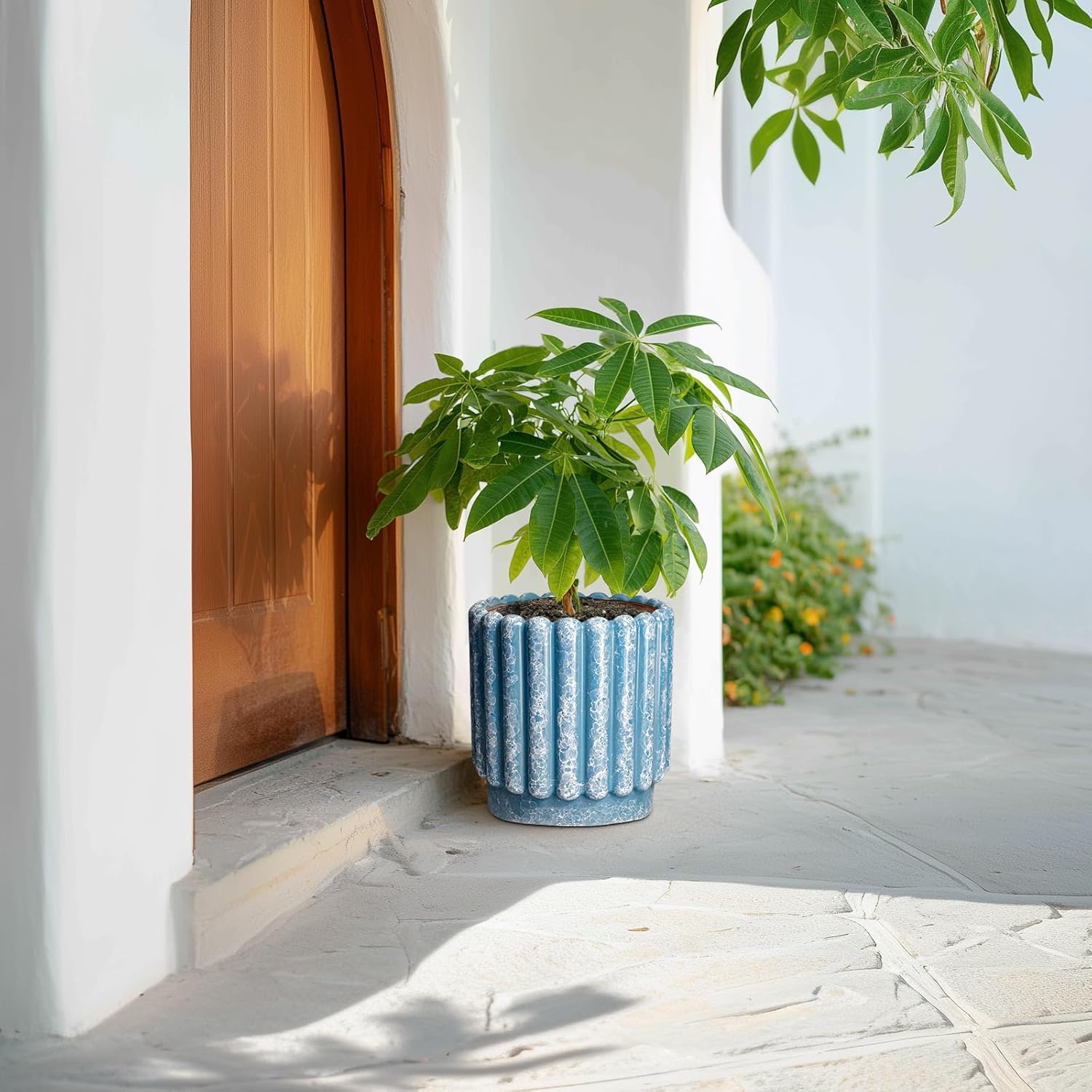 Ceramicfor Ceramic Planter for Indoor Plants - 9.6 Inch Ceramic Plant Pots with Drainage Hole, Large Flower Pots Outdoor, Fluted Decorative Round Planter, Front Door Decor, Housewarming Gifts, Blue