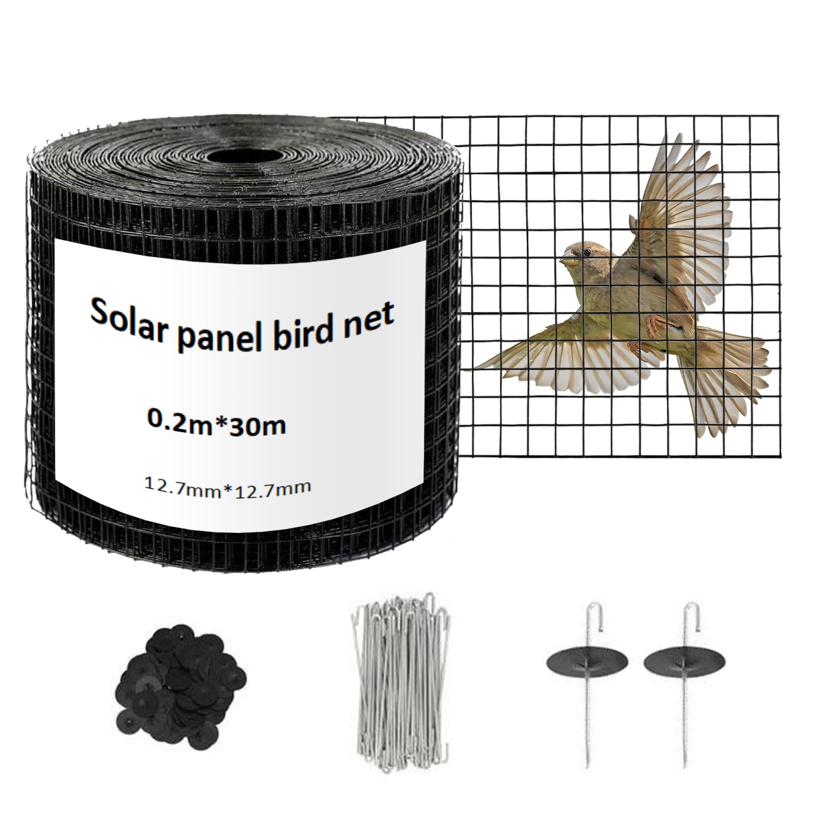 30M x 20CM Protección Antipájaros para Paneles Solares con 60 Clips de Fijación, Malla de Acero Recubierta de PVC Negro 1,27 x 1,27 cm, Rejilla Metálica para Panel Solar, Gallinero y Cercados