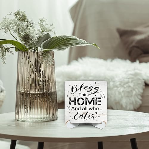 Miniatura 4 de Bless This Home And All Who Enter Placa de madera impresa con soporte, placa de decoración de escritorio cristiana de 4 x 4 pulgadas, letrero de