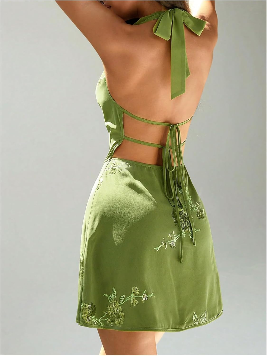 SweatyRocks Women's Floral Sequin Mini Dress Sexy Halter Backless Cowl Neck A Line Vacation Dresses - Image 2