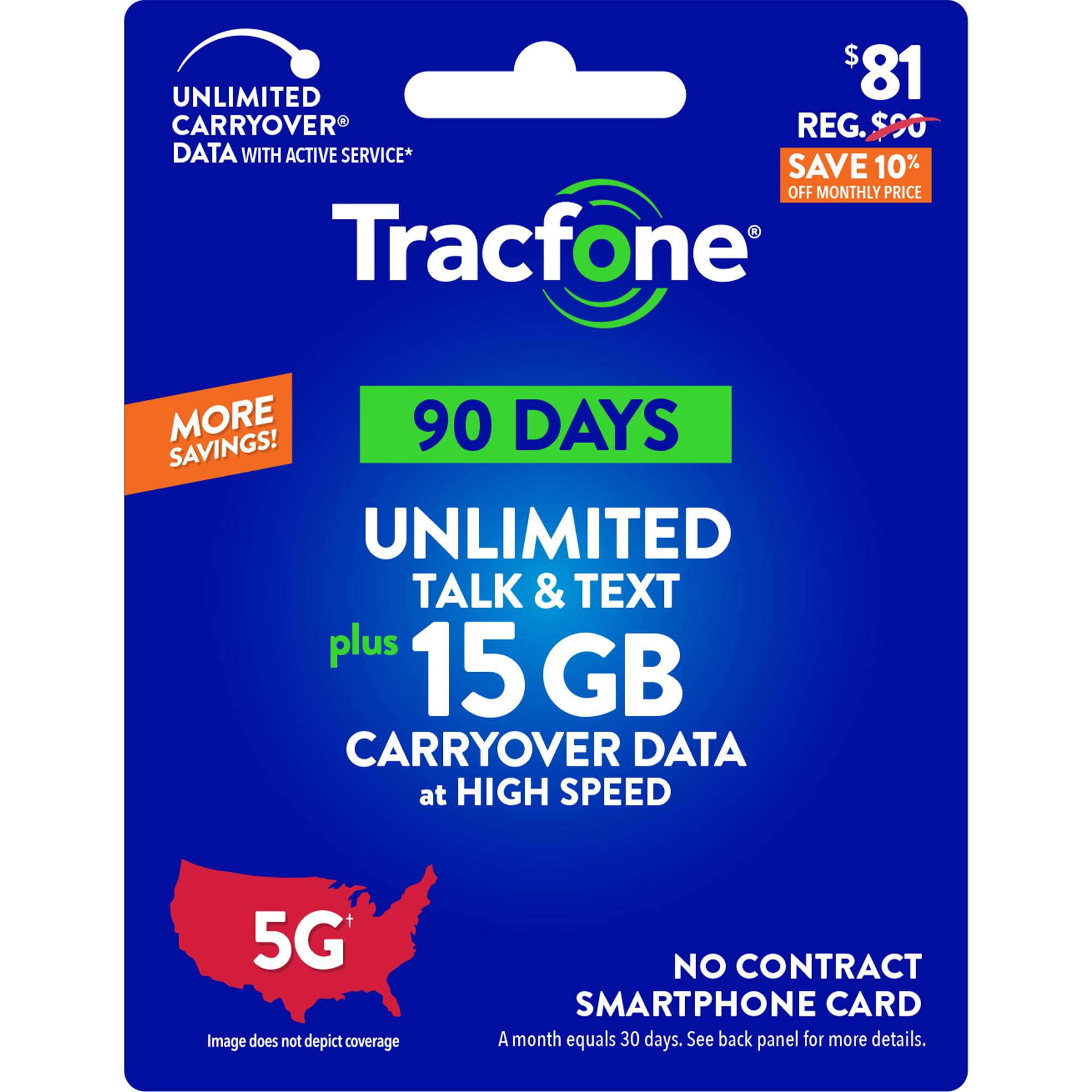 Tracfone $81 Unlimited Talk & Text Plus 15 GB of Data 90-Day Prepaid Plan(Physical Delivery)