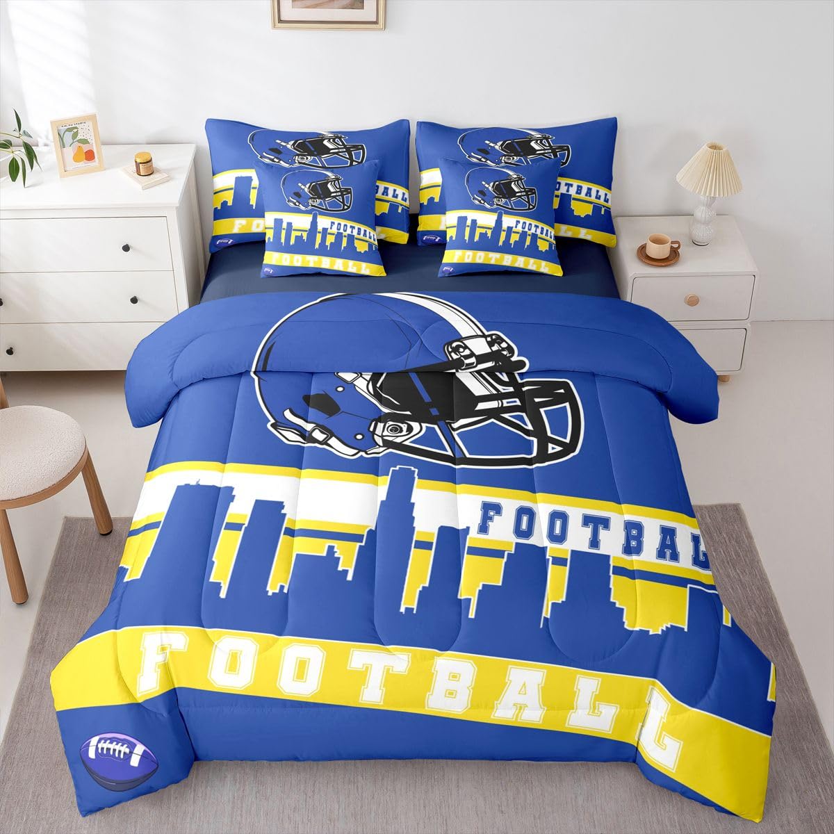 Erosebridal Football City 7 Pcs Comforter Set King Football Bedding for Boys Girls Blue Rugby Game Sheet Set Bed in A Bag Football Fans Bedroom Decor Sports Ball Team Bed Set