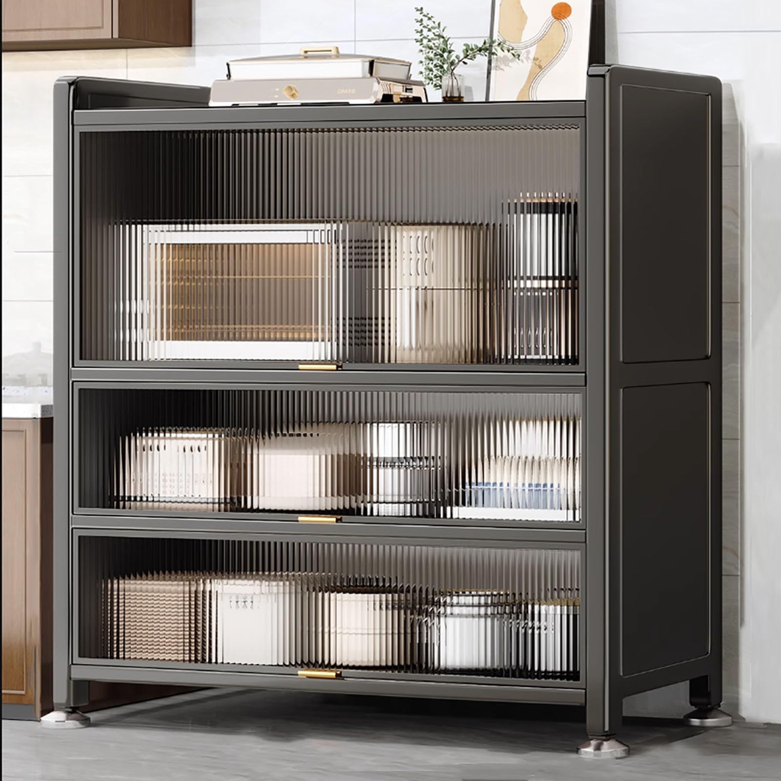 Freestanding Kitchen Storage Cabinet with Transparent Doors Multifunctional Storage for Kitchen Appliances Microwave Oven Spices Pots and Pans 4 Layers 100cm/39.4in Height