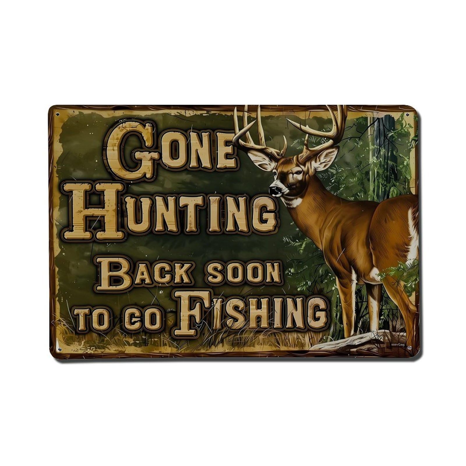 Jdfenggu Vintage Gone Hunting Back Soon Fishing Retro Metal Tin Sign, Metal Poster For Bar, Home, Man Cave, Kitchen, Laundry Room Art Decor 8X12 Inch