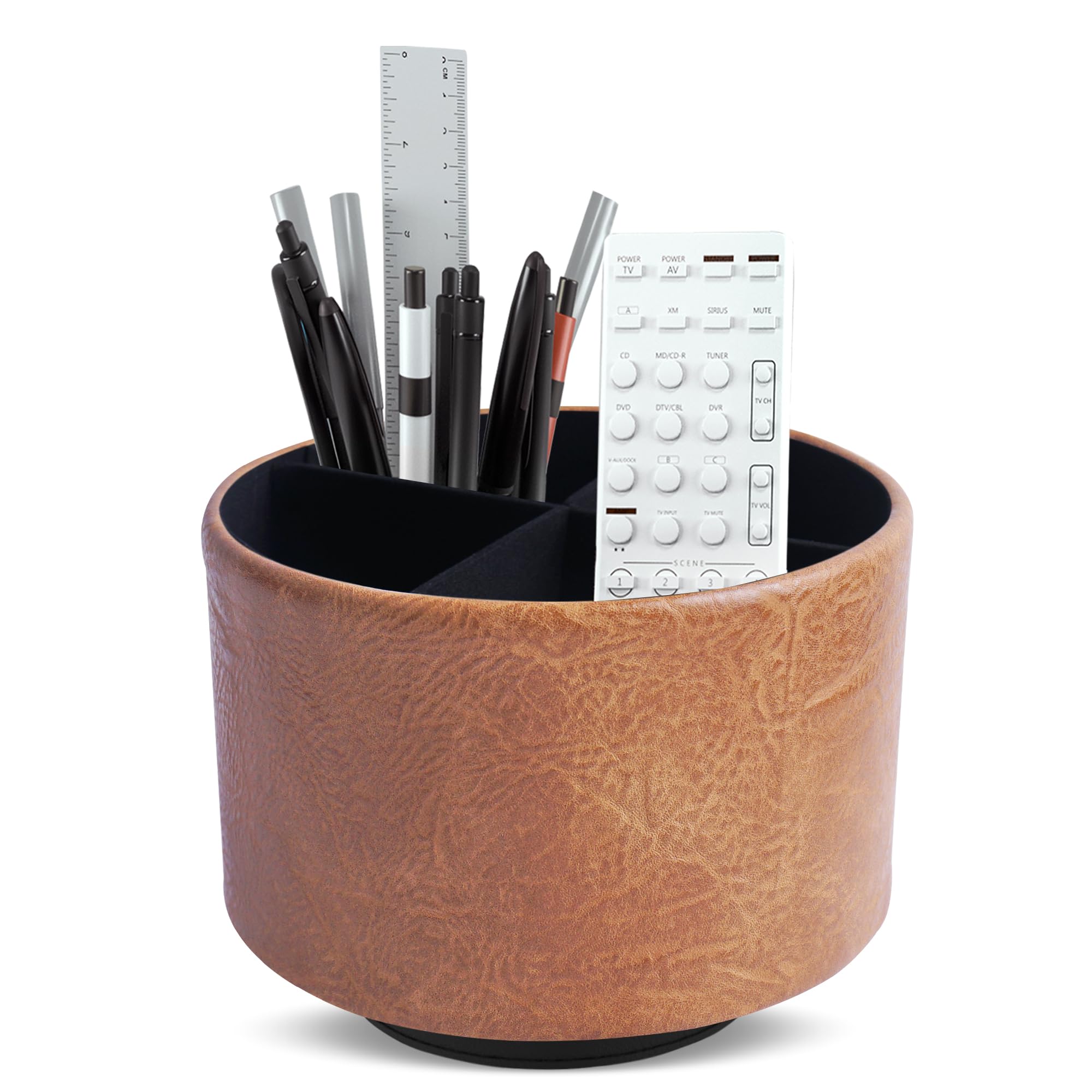 Mtzmy Round Leather Art Supply Organizer,Remote Control Holder,360 Degree Spinning,Multi-Functional Pencil Holder,4 Compartments Desktop Stationary Organizer(1-Crazy Brwon)