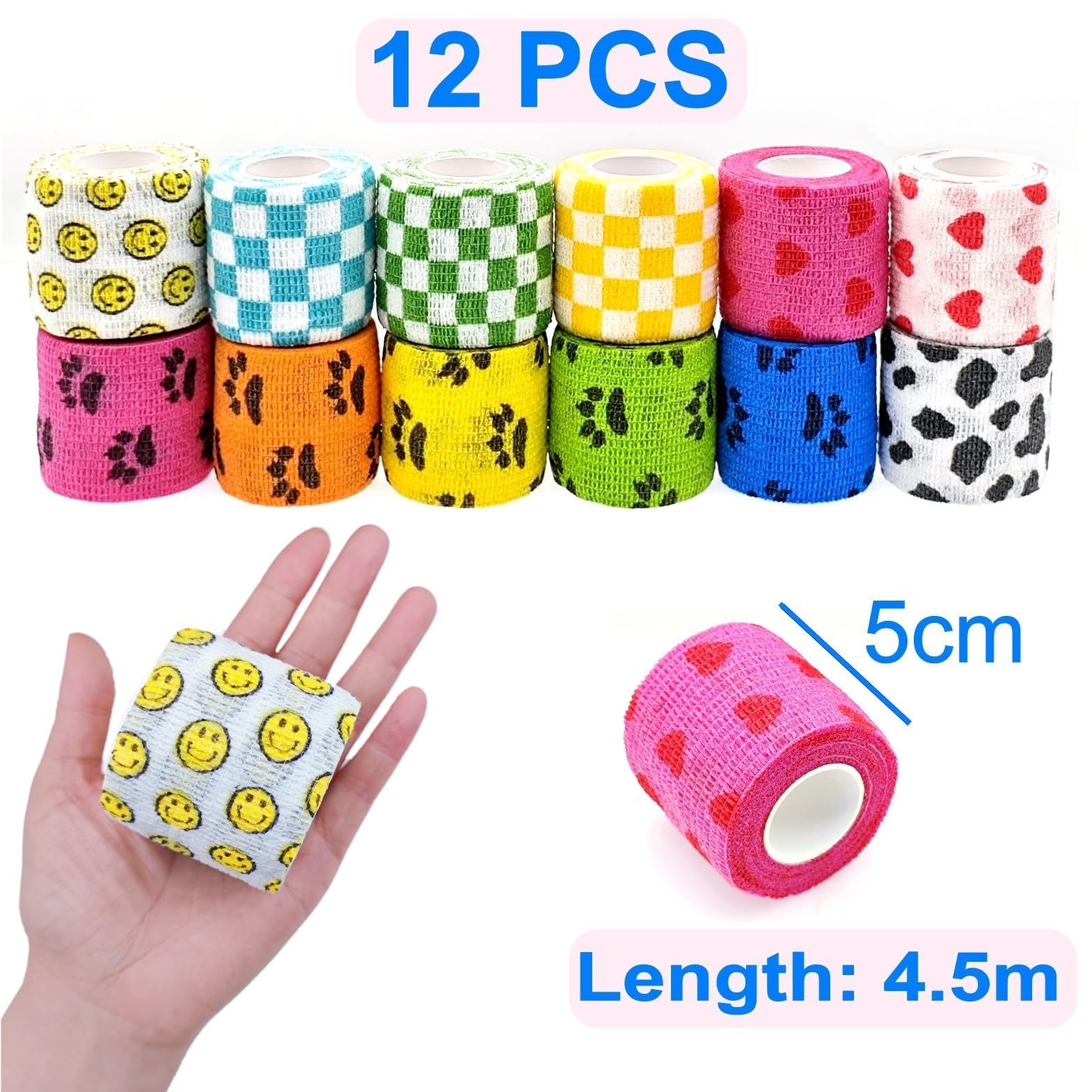 JZK 12 Rollos vendaje cohesivo 5 cm x 4,5 m, venda elástico autoadhesivo para mascotas y humanos, cinta banda elástica adhesiva para vendaje patas, pies y patas de perros y gatos, multicolor
