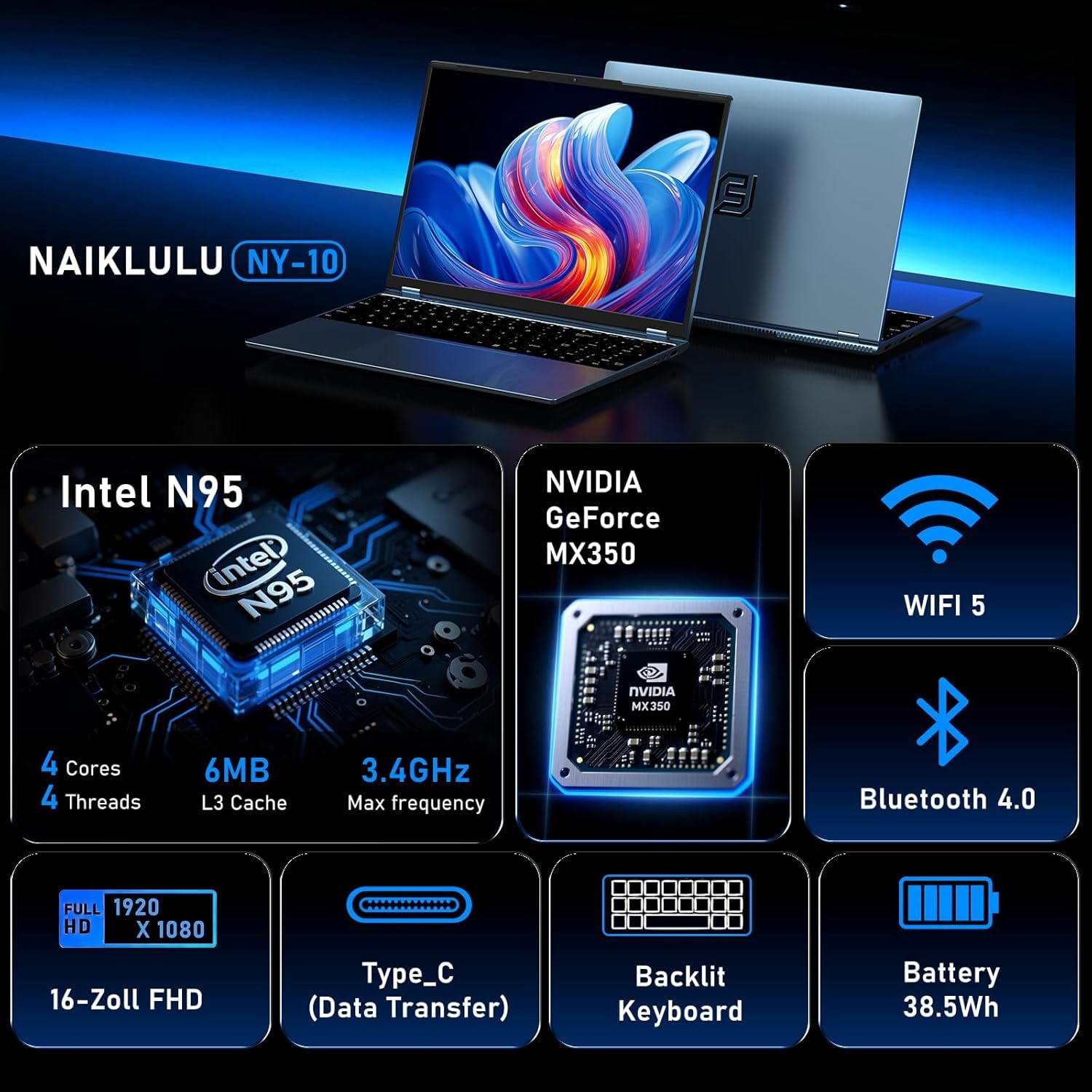 NAIKLULU Computer portatile da gioco, computer portatile 2025, Win 11 Pro 16 pollici Lap Top, 16 GB RAM 1 TB SSD PC, grafica MX350, processore N95 4C/4T (fino a 3,4 GHz), tastiera retroilluminata