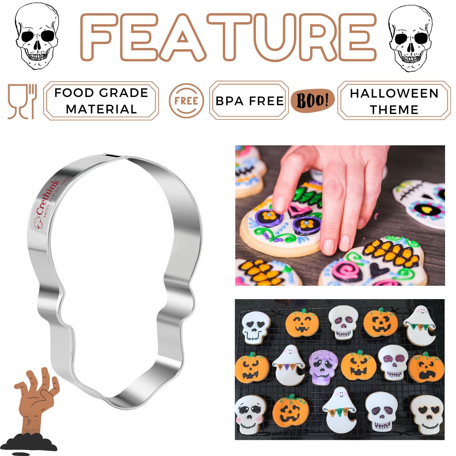 Crethinkaty 2 Stück Totenkopf Ausstechformen Set Edelstahl Halloween Form Ausstechformen zum Backen