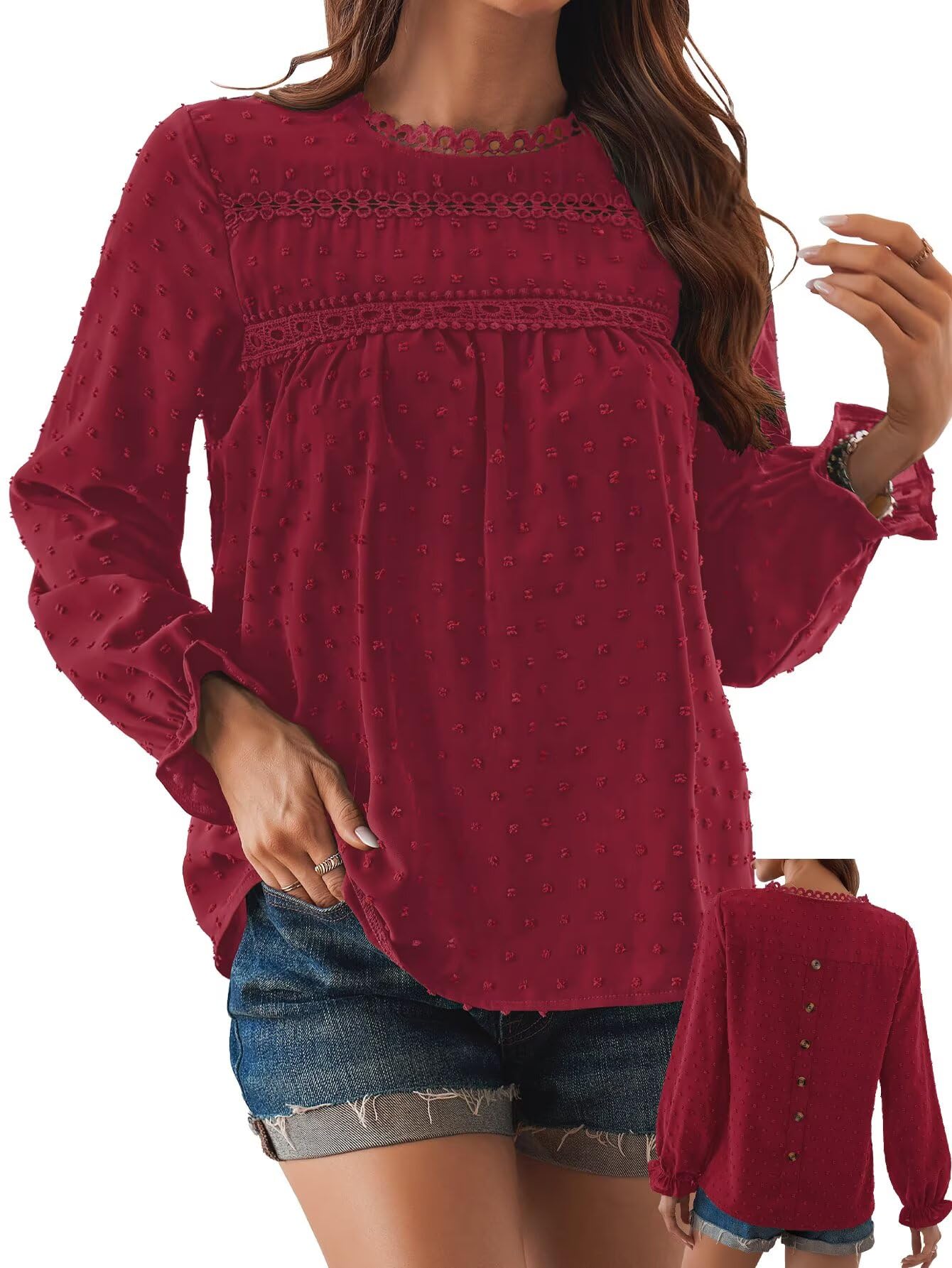 TUUHAW Women Tops Dressy Casual Crewneck Womens Lace Crochet Tunic Tops Ruffle Long Sleeve Long Sleeve Shirts Red Blouses for Women Bardot Sexy Plus Size Smocked Bubble Hem Spring Autumn Clothing XL