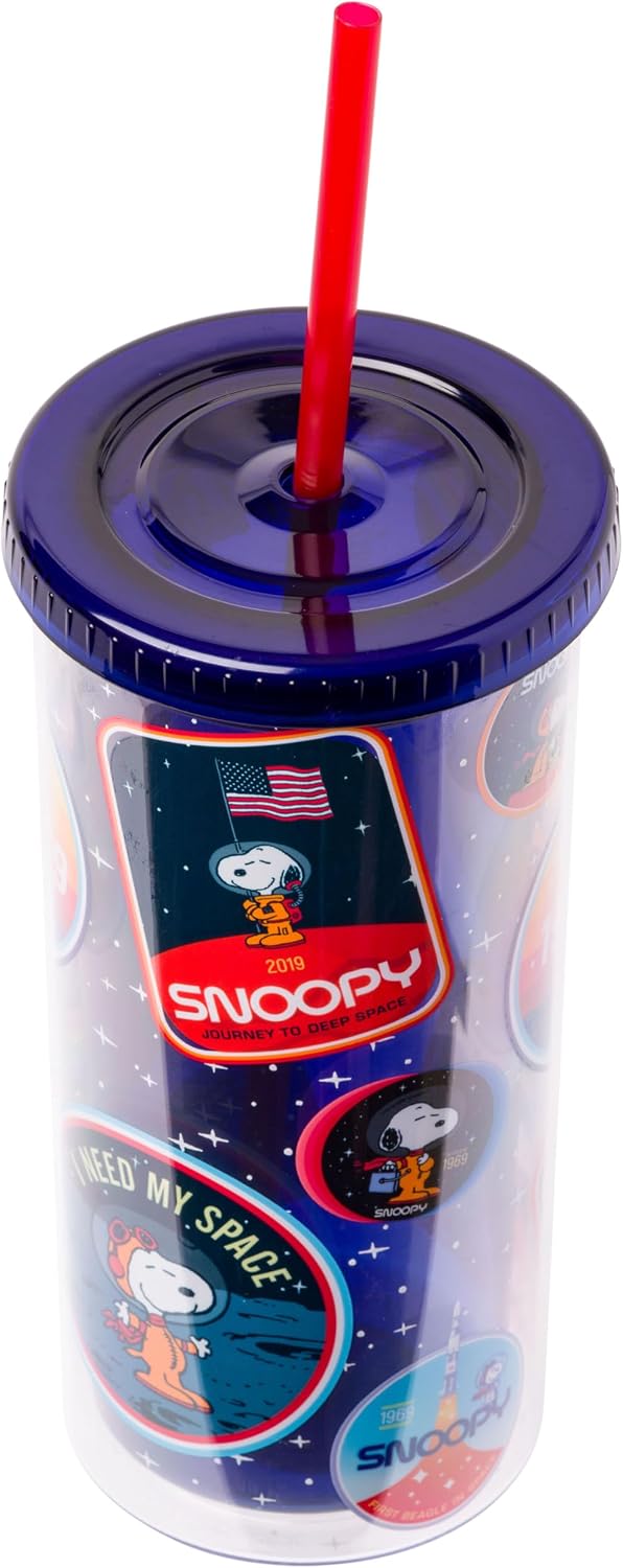Silver Buffalo Peanuts Space Traveling Patches Featuing Snoopy Plastic Tall Cold Cup with Lid and Straw, 20 Ounces