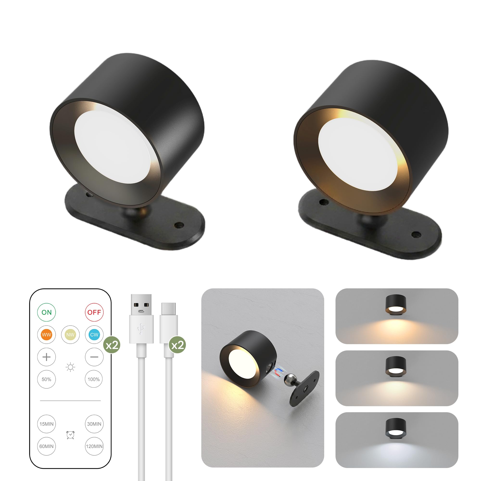 LOHAS Battery Operated Wall Lights 2 Pack, Magnetic 360° Rotating LED Rechargeable Wall Lights, Wireless Wall Sconces with Remote, 3CCT & Dimmable, Wall Lamp for Living Room Corridor Stairs, Black