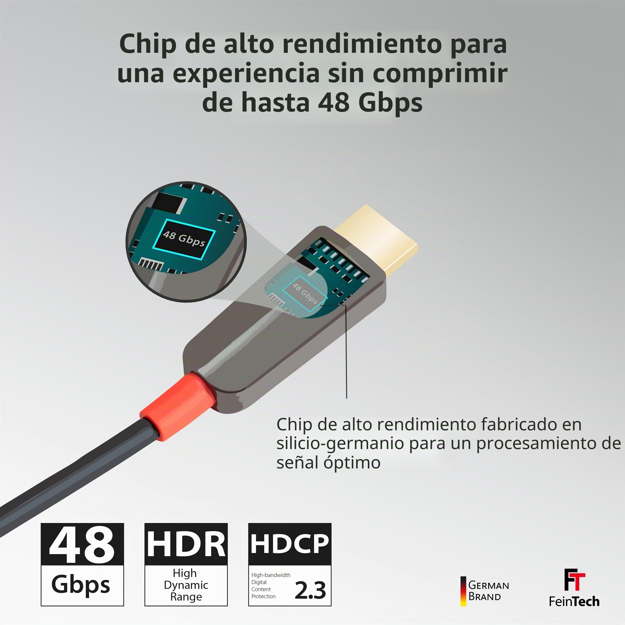 FeinTech 8K HDMI - Cable de fibra óptica (10 m, 4 K, 120 Hz, 1440 p, 144 Hz, para juegos HDMI 2.1, PS5, Xbox PC, TV, 48 Gbps, compatible con CEC, VRR, HDR, Dolby Atmos, 3D, VMI90100)