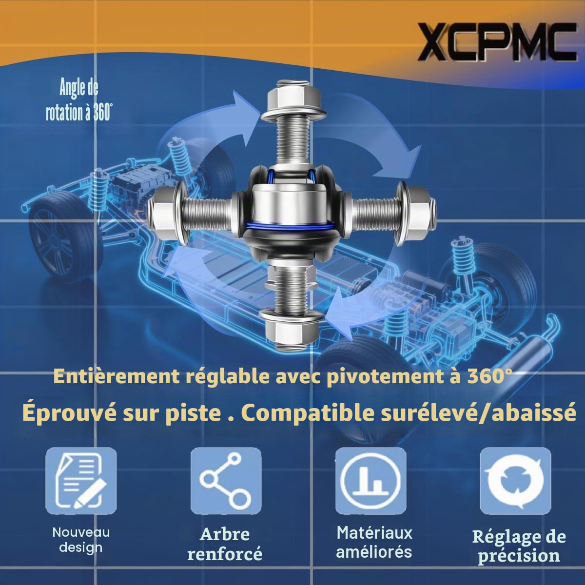 25-30 cm M12 2x Biellette Barre Stabilisatrice Modifiée pour Type Véhicule | C253012 Derrière Gauche et Droit Avec Rotule Pivotante à 360° et Réglage de Longueur/Angle en Aluminium en Bleu