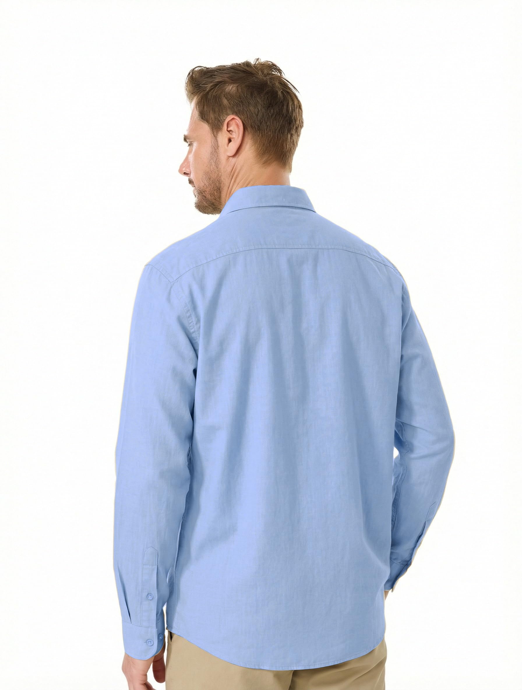 Camisa para Hombre de Manga Larga, en Algodón-Lino, con Bolsillo, Corte Estándar, Estilo Casual, Camisa de Playa de Verano