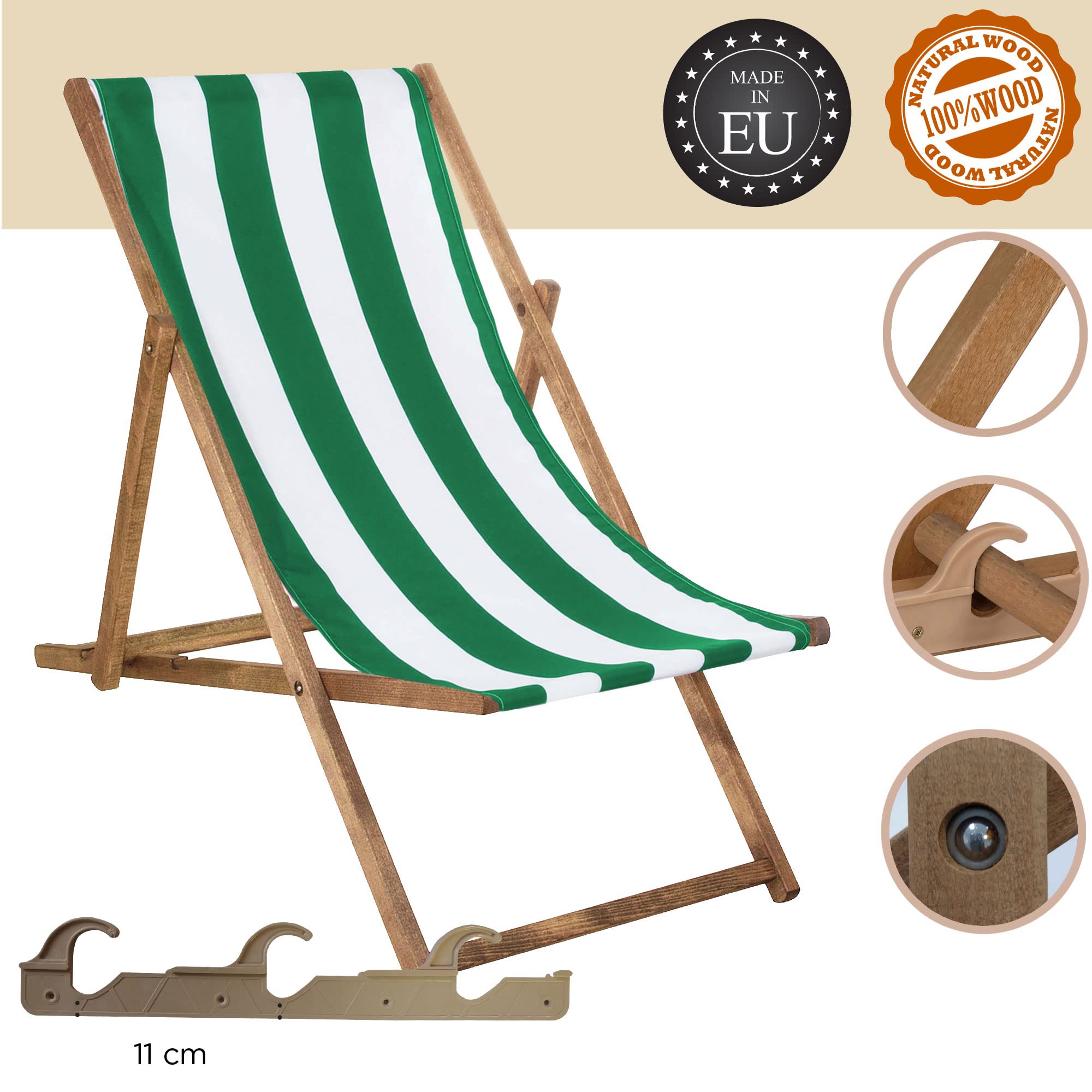 SPRINGOS Chaise longue pliante en bois imprégné Chaise longue pliante Chaise de camping Chaise de plage en bois de hêtre Blanc/Vert 58x124cm