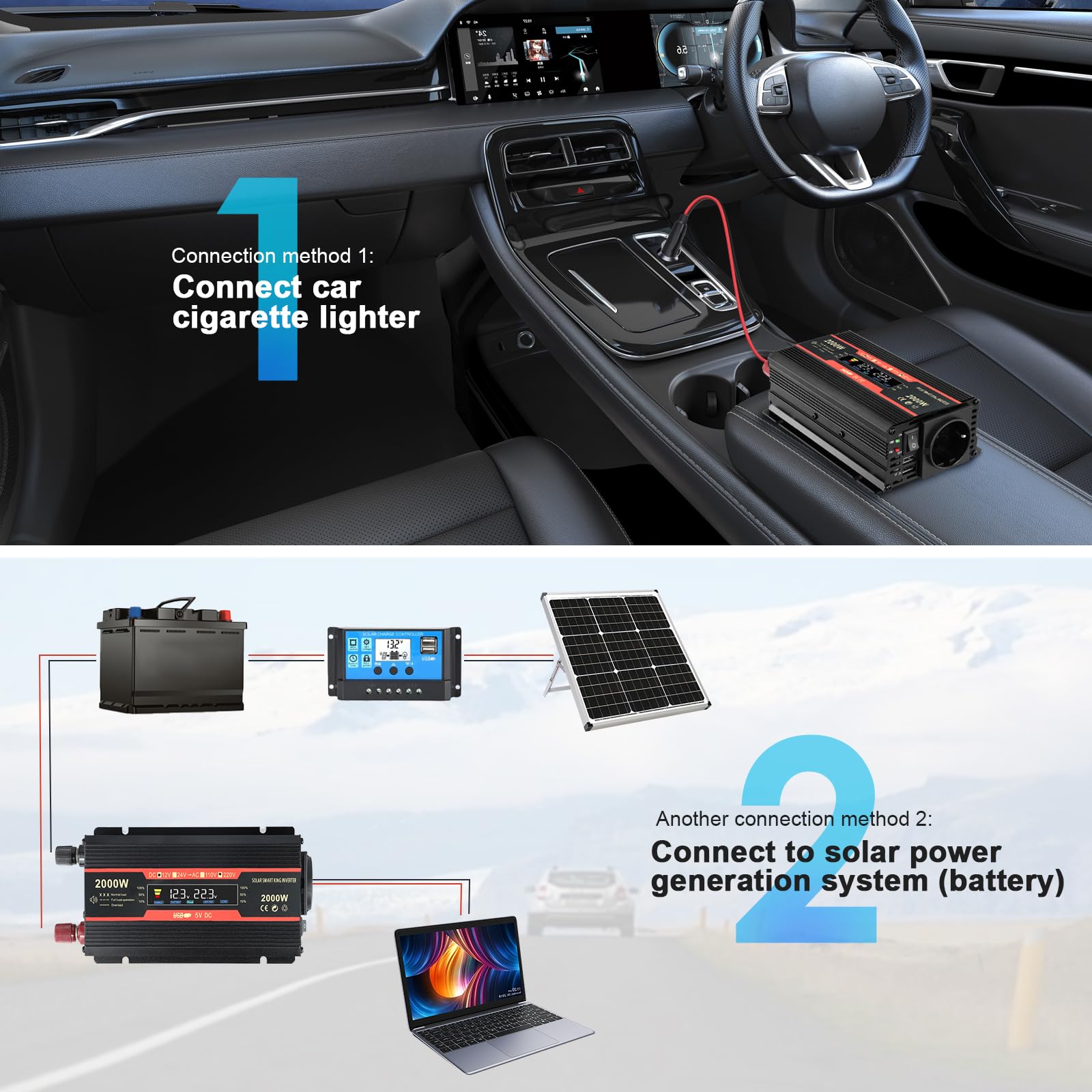 Convertisseur De Tension 2000W,Onduleur Transformateur 12V 220V，avec Allume Cigare Prise,1 Prise AC Et Port 2 USB,Régulateur Puissance De Voiture pour Camping,Voyage