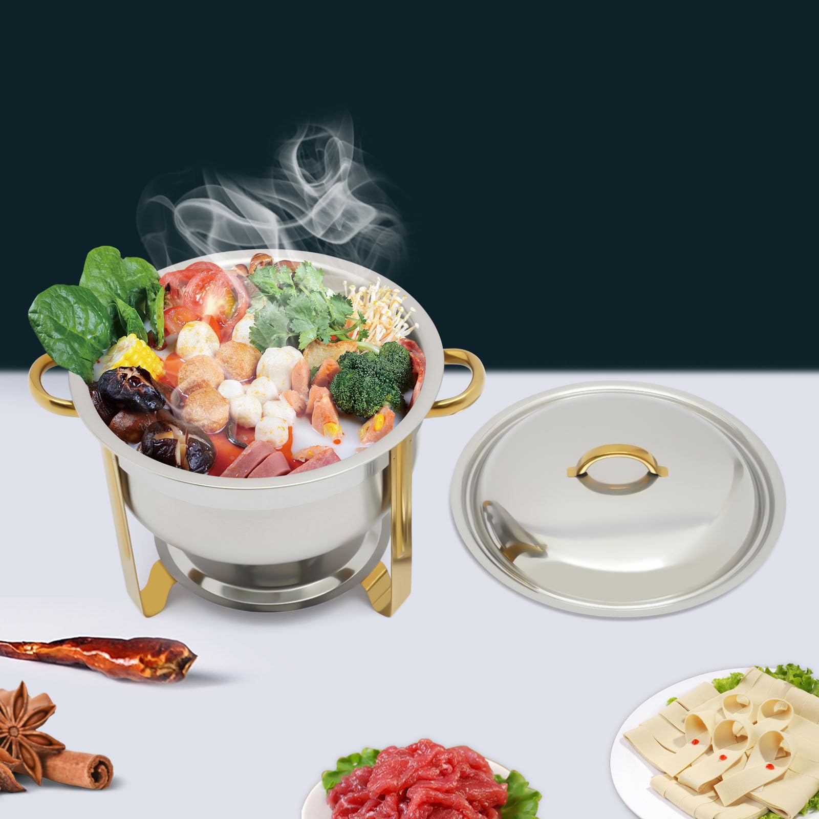 Chafing Dish - Contenitore rotondo in acciaio inox, 32 cm, pieghevole, per buffet catering gastro e feste (oro)