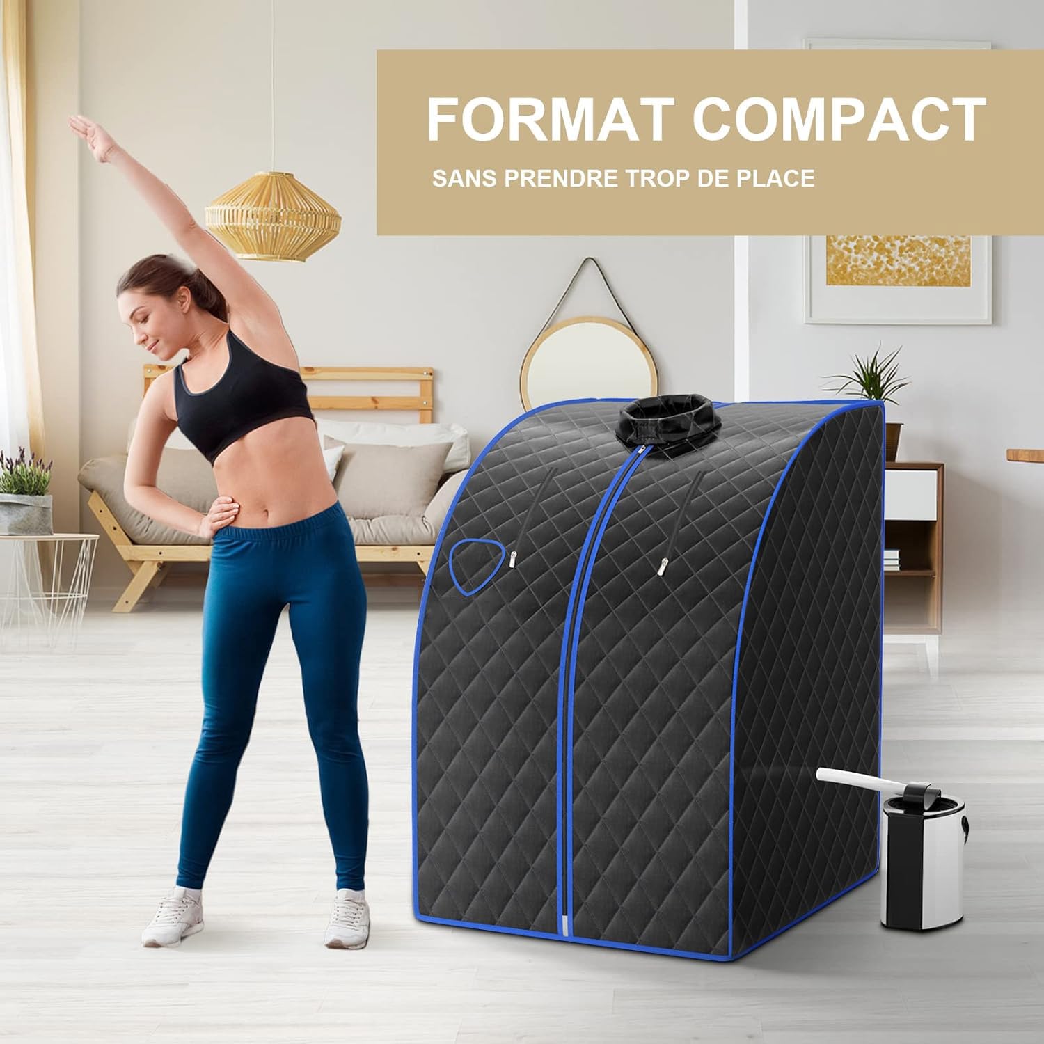 GOPLUS 1000W Sauna à Vapeur Portable 3L, Sauna Cabine Pliable avec Chaise, Température Réglable à 64℃, 9 Minuterie Réglable, Fonction d’atomisation pour Soulagement(Noir)
